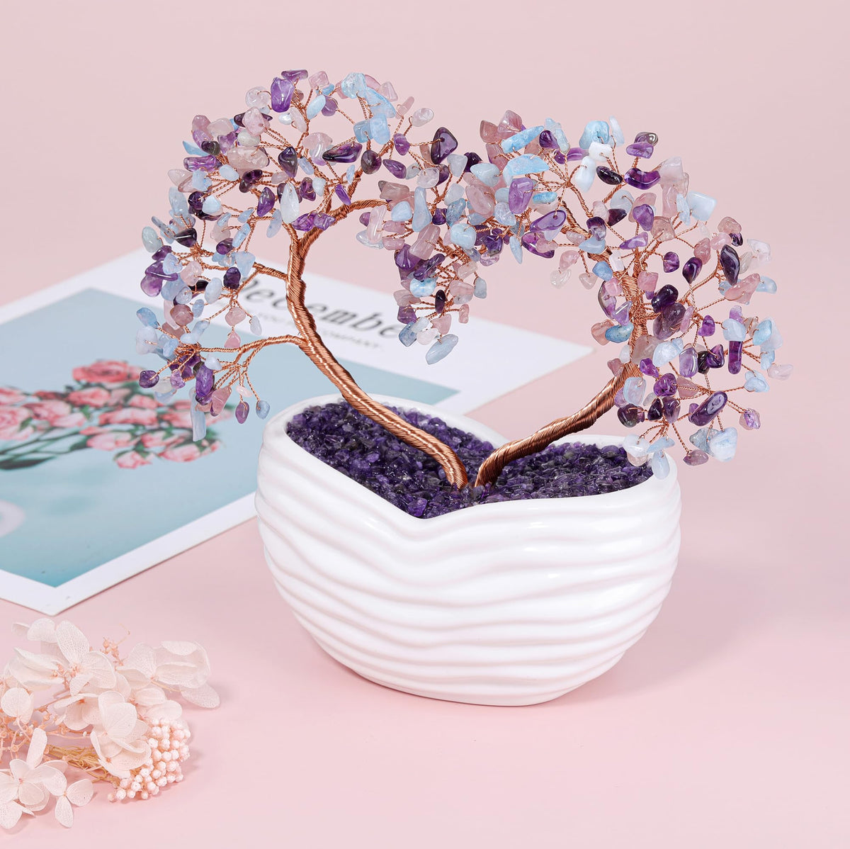 GEHECRST Healing Crystal Heart Tree Handmade Amethyst Rose Quartz Aquamarine Crystal Gemstone Money Tree Feng Shui Ornament for Home Office Desk Decor Gifts for Mom Women Christmas