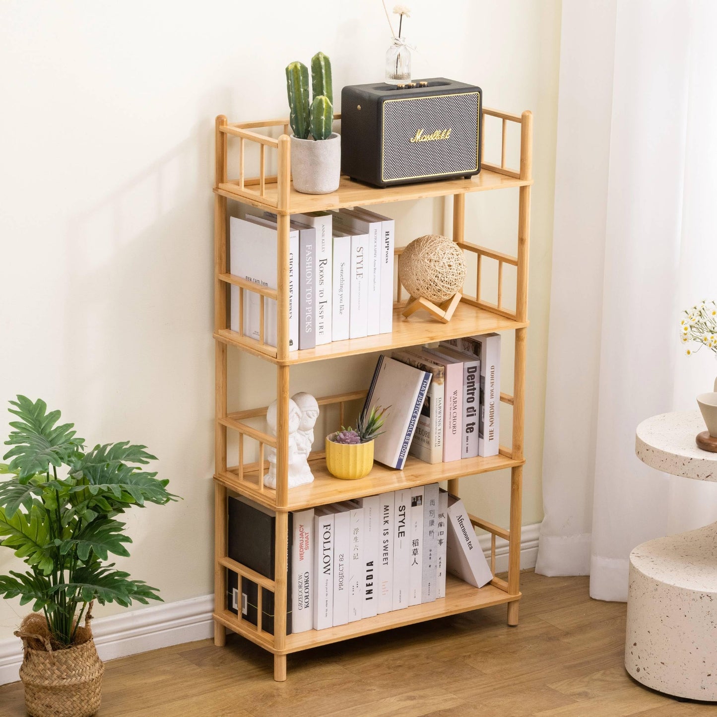 GOGOGO 4-Tier Expandable Bamboo Bookshelf - 150LBS Heavy-Duty, Tool-Free Assembly, Multifunctional Storage for Bathroom/Kitchen/Office Holder Plant Flower Stand (Natural, 4-Tier 10.6" D)