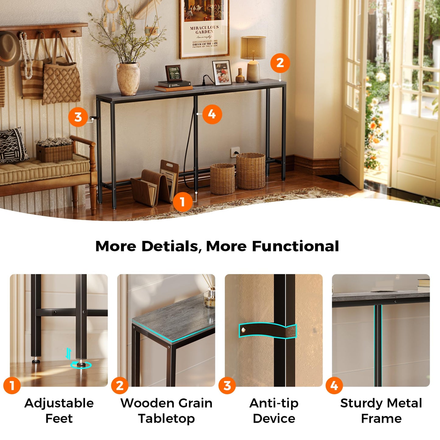 SUPERJARE Console Table with Outlet, 63 Inch Sofa Table with Charging Station, Narrow Hallway Entryway Table, Behind Couch Table Skinny for Entryway, Living Room, Plants, Charcoal Gray