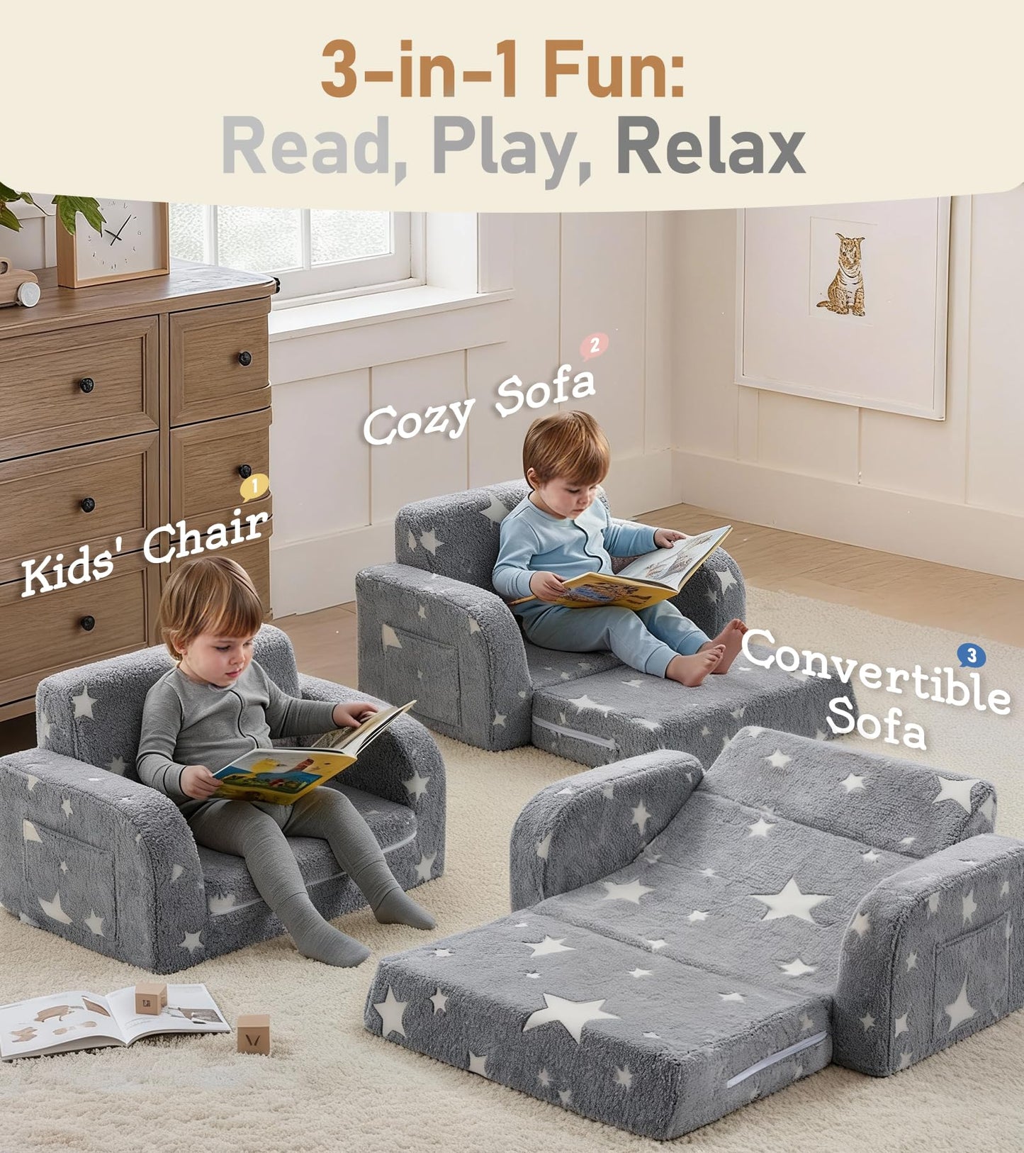 little dove 3-in-1 Extra Wide Convertible Kids Couch, Flip Open Kid Sofa, Machine-Washable Kid Couch for Girls, Kids Sofa for Fun Playtime, Grey, Flannel