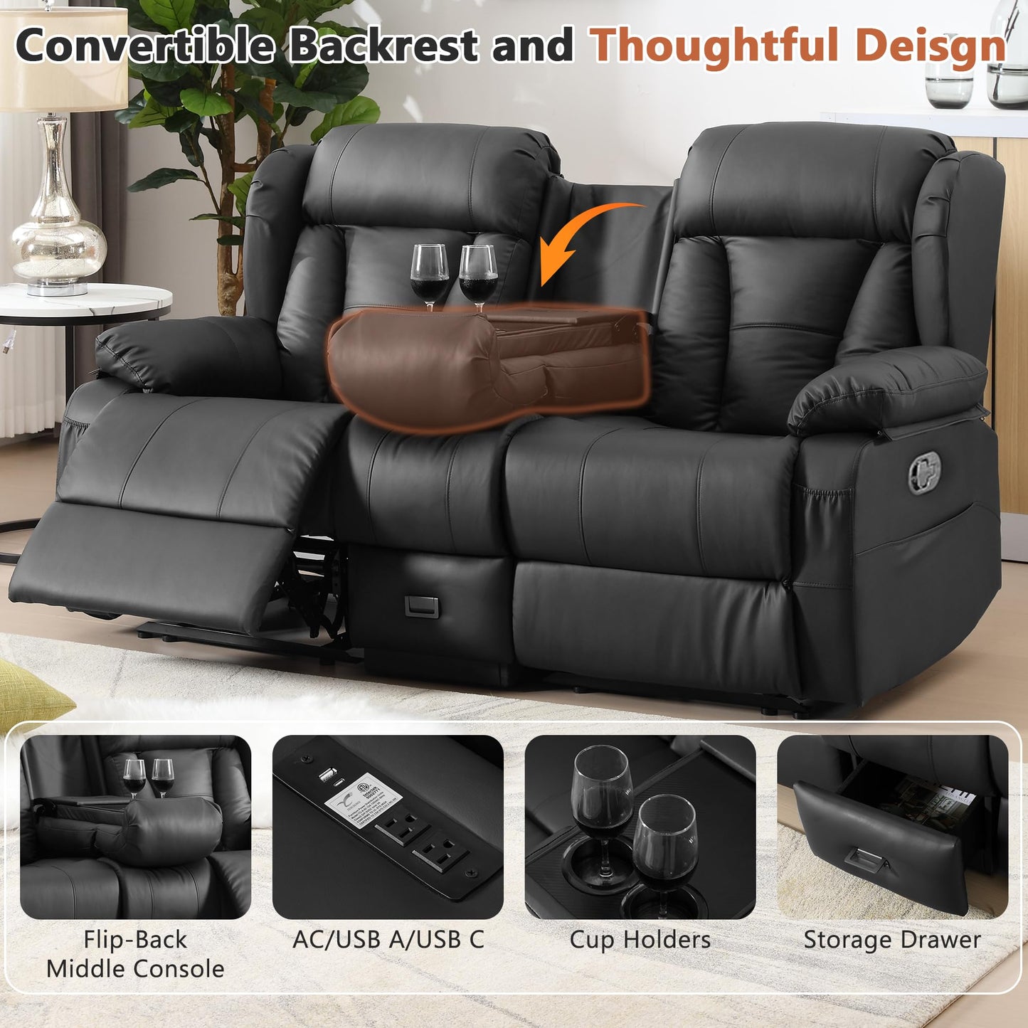 AHMED Reclining Loveseat with Console, Manual Double Recliner Sofa with USB Ports, Cup Holders and Side Pockets, Faux Leather Home Theater Seating Couch for Living Room, Black