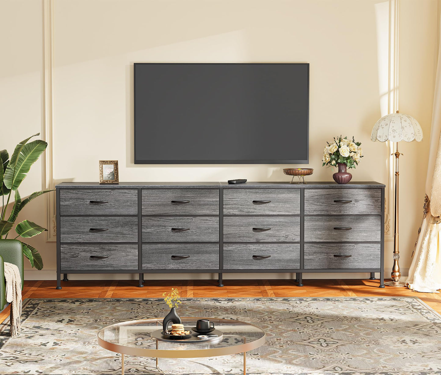 Huuger 70 Inch Dresser for Bedroom, TV Stand for 65, 75, 80 Inch TV, 12 Fabric Drawer Long Dresser, Large Storage Organizer Unit, Wide Chest of Drawer with Storage, for Living Room, Grey