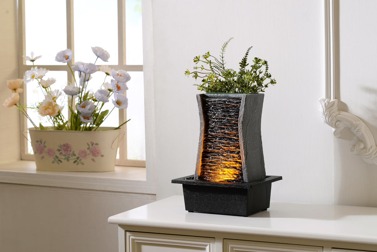 GOSSI Tabletop Water Fountain with LED Lights, Indoor Waterfall Fountain for Home Office Bedroom Decor, Includes Plastic Pots for Plant Growing, Relaxation Desk Accessory (24285)