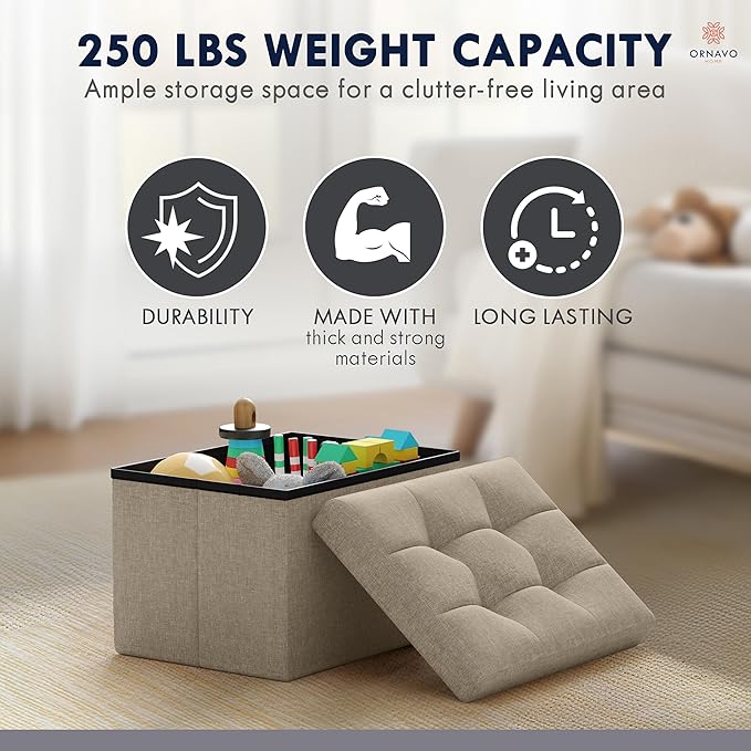 Ornavo Home Small Storage Ottoman Foldable Collapsible Rectangle Linen Ottoman