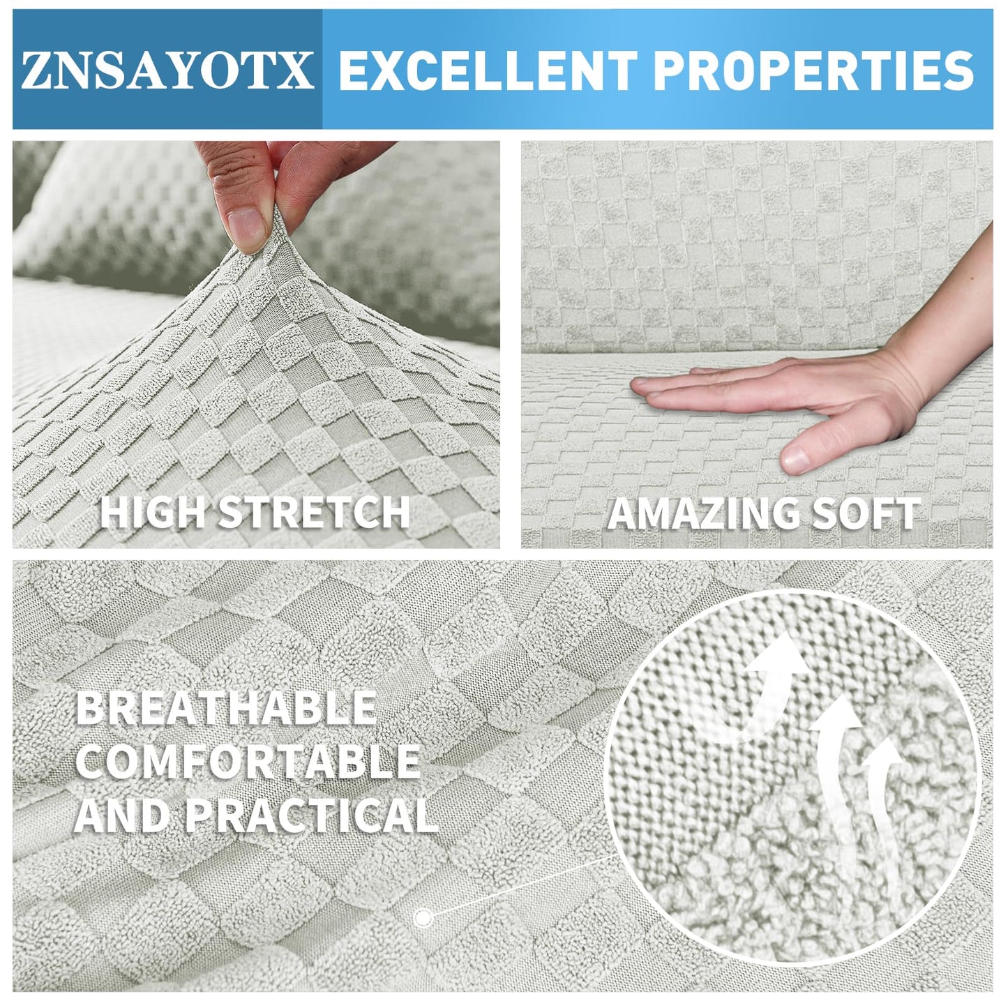 ZNSAYOTX Sectional Couch Covers, Stretch Jacquard Slipcovers with Elastic Bottom for L-Shape Sectional Sofa, 2 Pcs Pet Friendly Comfort Modular Sofa Protector (3 Seat Couch + 3 Seat Chaise, Ivory)