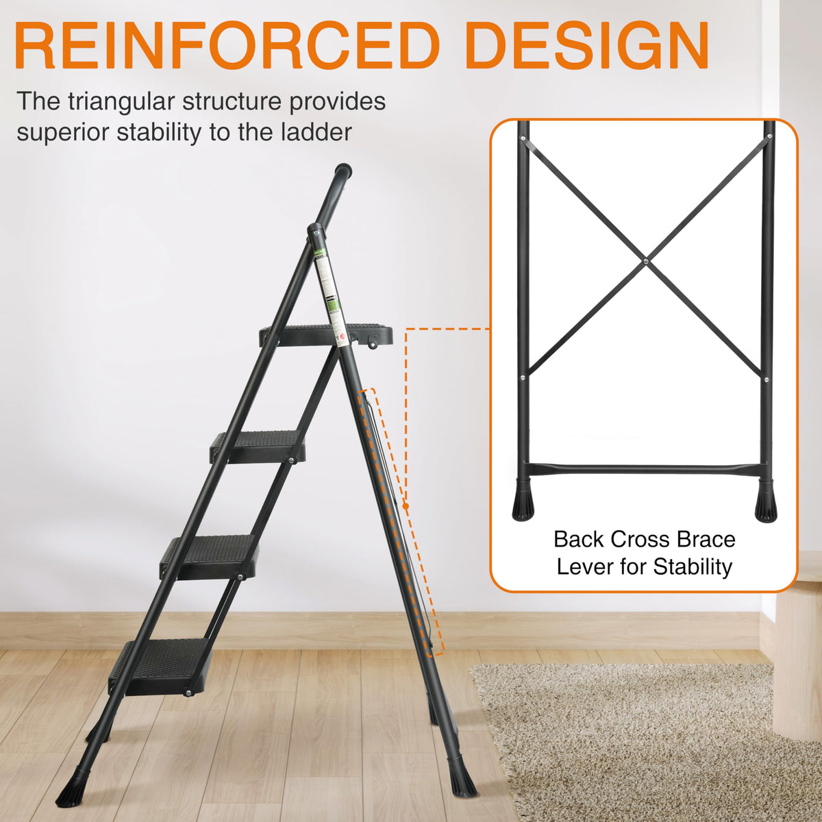 Arbusb Step Ladder, Folding Step Stool with Wide Anti-Slip Pedals, Sturdy Steel Ladder with Handrail, Space-Saving, Portable for Home & Adults, 4 Step Ladder