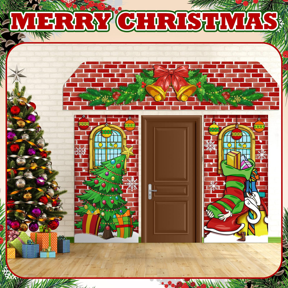HunnmingRe 3 Pcs Christmas Gingerbread House Decorations Gingerbread Door Covers Backdrop Christmas Door Banners for Xmas Holiday Party Photography Photo Background Decor(Elf Style)