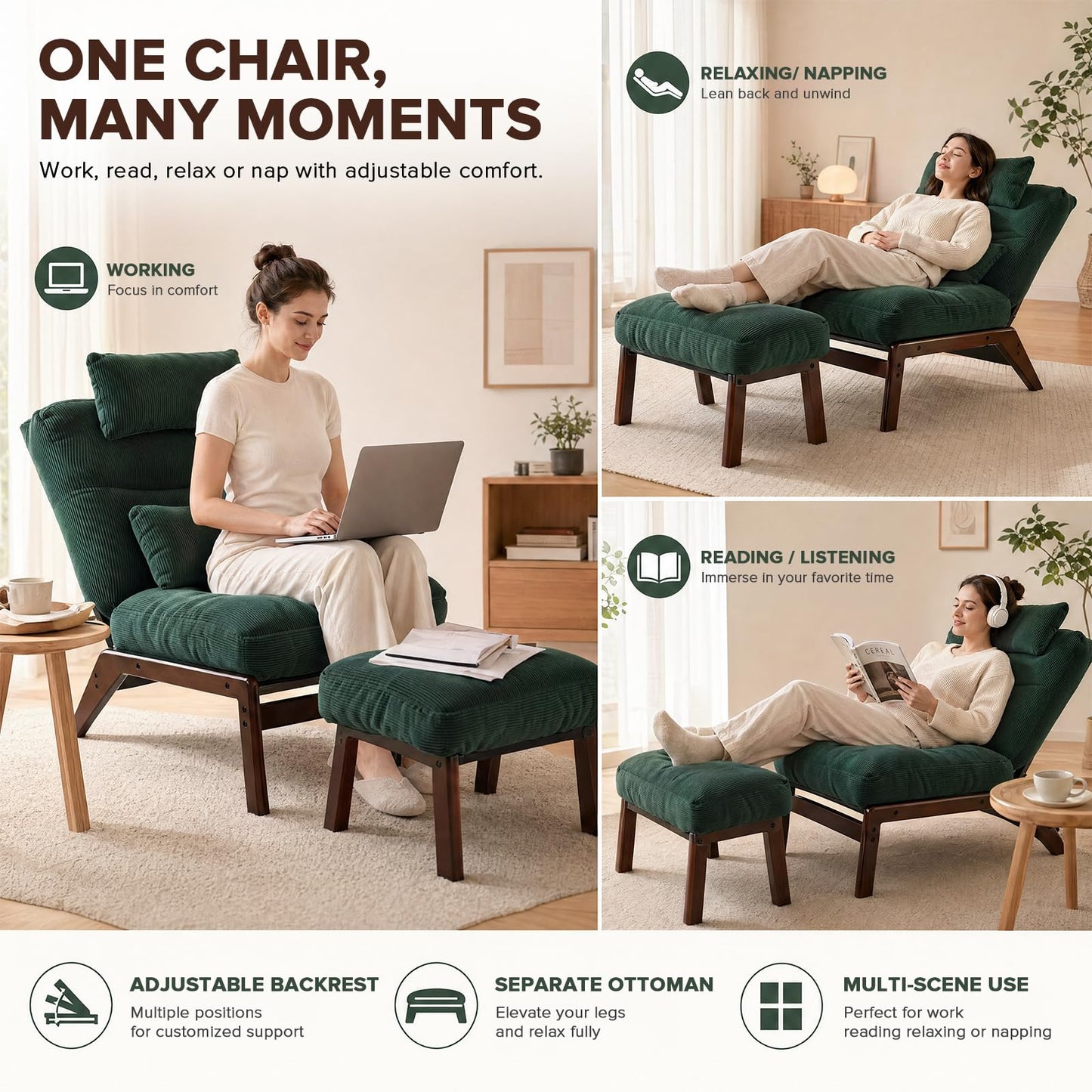 GEMBED Accent Chair with Ottoman Adjustable Backrest, Comfy Lounge Chair Single Sofa with Headrest Lumbar Pillow, Reading Chair with Footrest for Bedroom, Living Room, Green