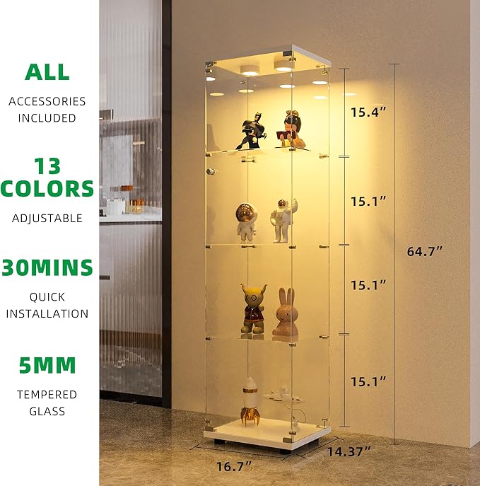 FANYUSHOW Display Cabinet with Glass Door and LED Light, 4-Tier Tempered Glass