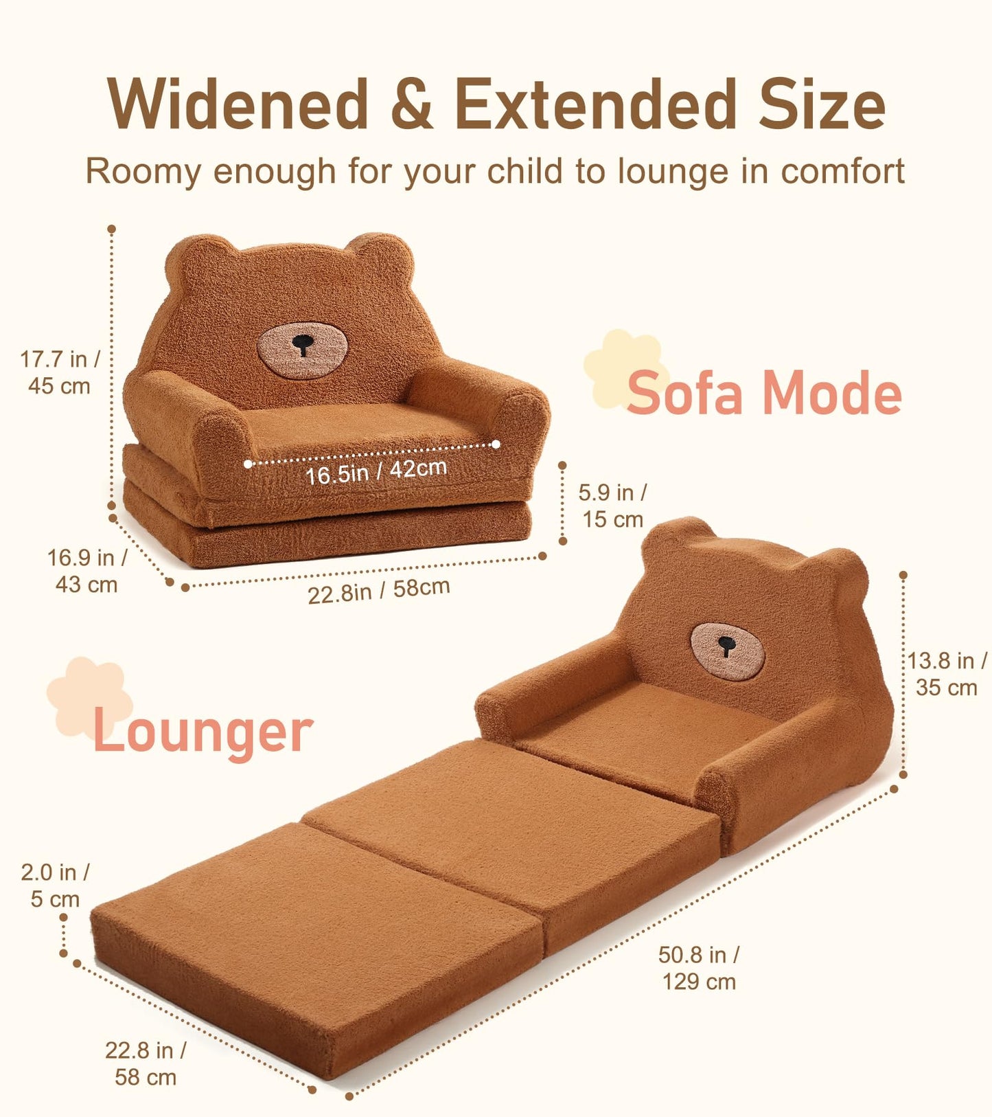little dove Extra Wide Soft Kids Couch Fold Out, 2-in-1 Kids Couch, Convertible Kid Sofa, Kid Furniture for Playroom, Ideal Gifts for Boys & Girls Ages 3+, Bear