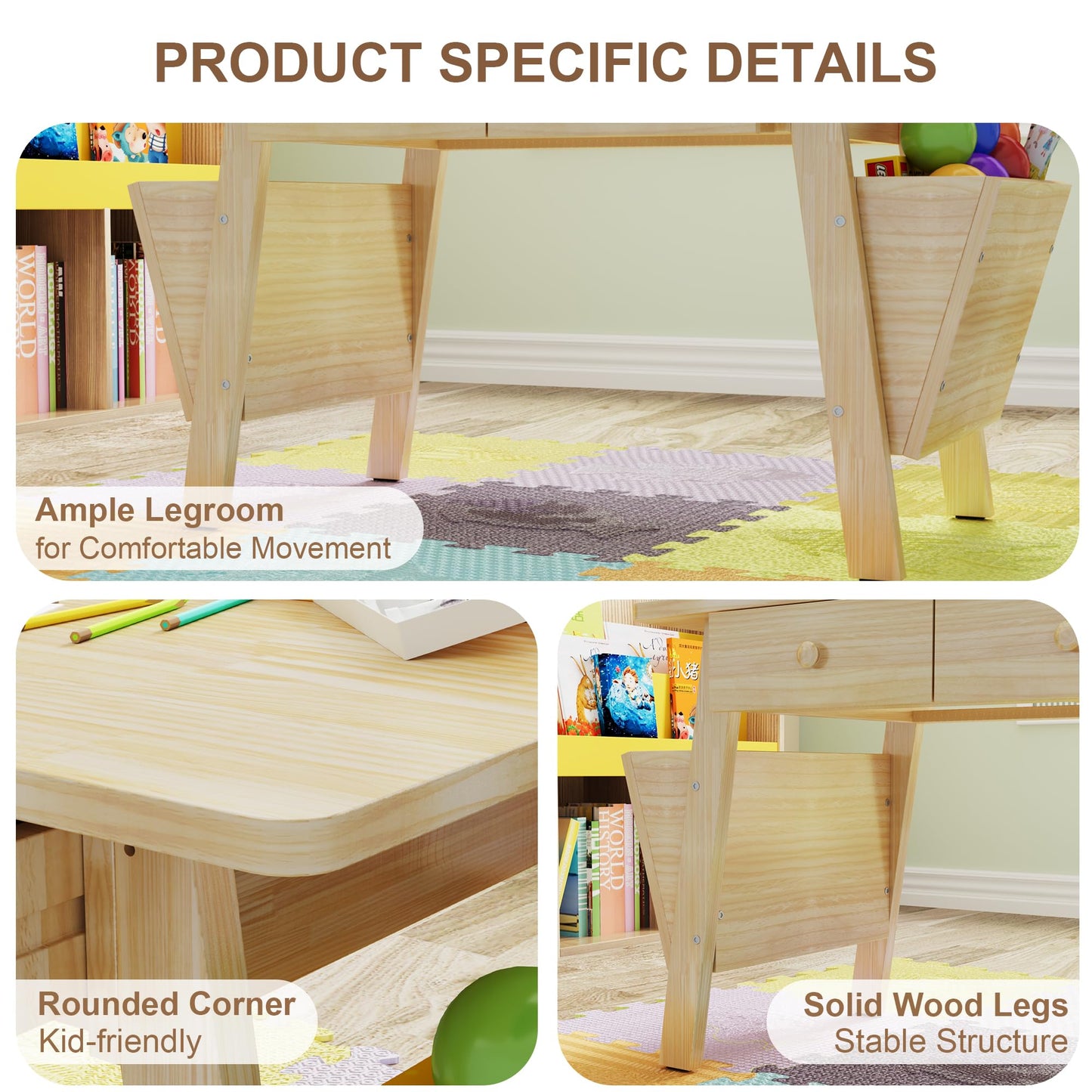 Beskadi Solid Pine Wood Table and 2 Chairs Set, Desk with Storage Bins, Premium Quality Wooden Table and Chair Set for Bedroom &Home - Boho Desks