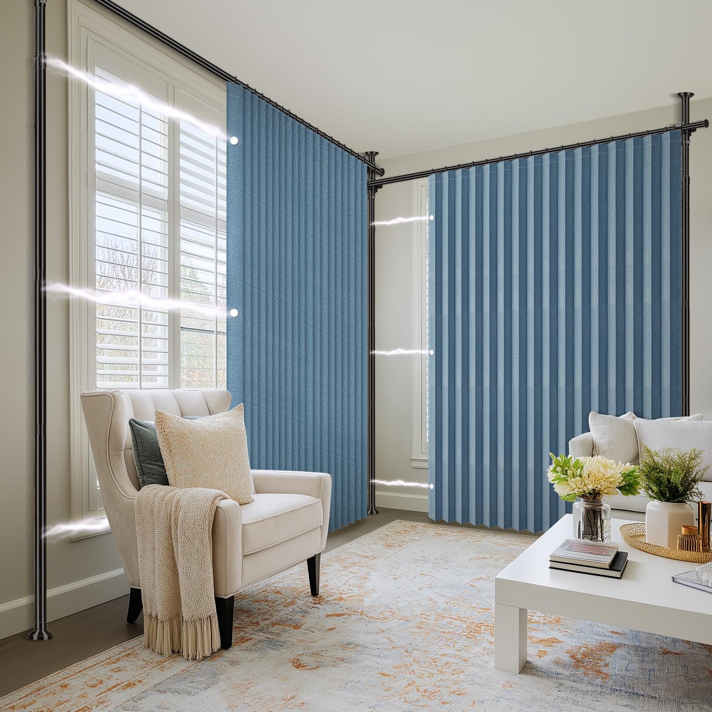 100% Blackout Room Divider Curtains Sets Blue 2 Panels W100 x L84in No Drill Curtain Rods(H) 43-120×(W) 35-200 in for Studio Apartment Dorm Office