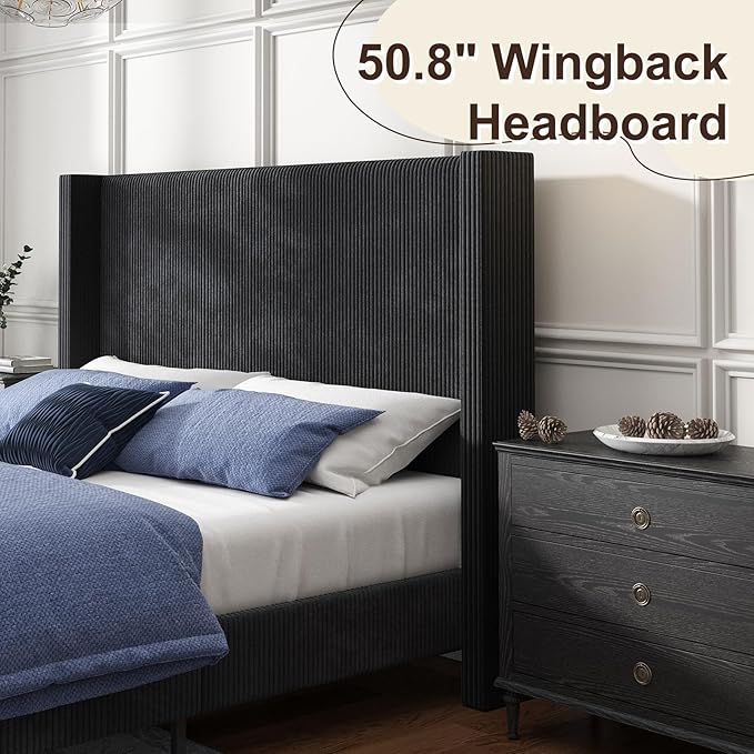 HOWE King Size Bed Frame with 50.8" Tall Wingback Headboard, Modern Corduroy