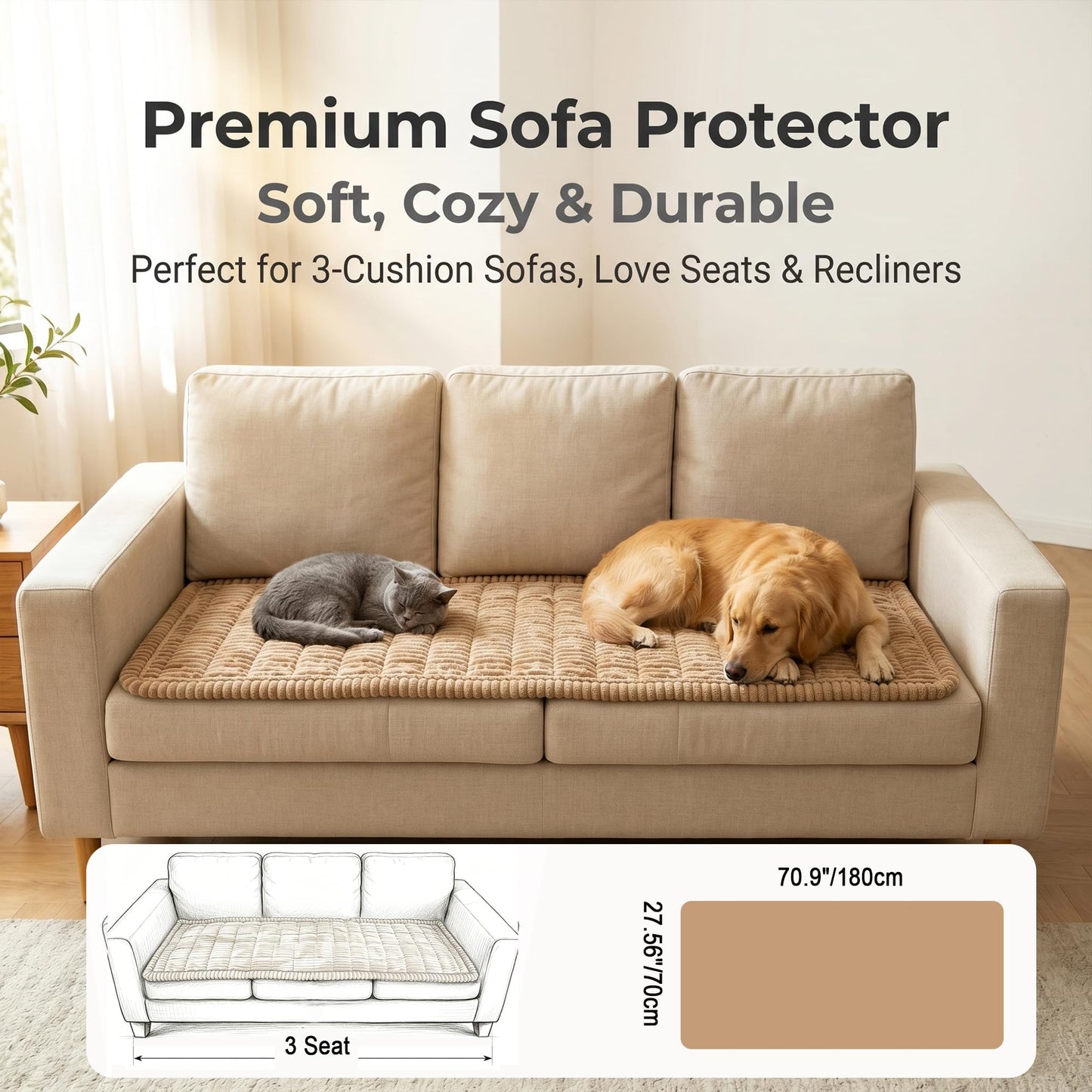 Washable Dog Couch Covers for 3 Cushion Sofa – Non Slip Plush Pet Sofa Protectors, 27.6" x 70.9" Fuzzy Furniture Protector for Dogs & Cats, Machine Washable Cover for Couch, Floor, Car, Camping