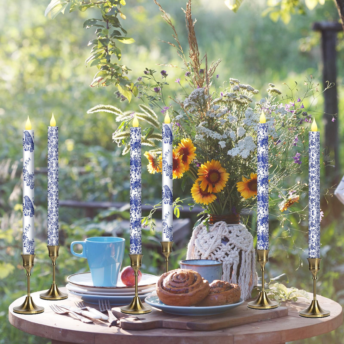Baquler 6 Pcs Chinoiserie Flameless Candles Coastal Chinoiserie Bird Home Decor 10.6 Inch Blue and White Battery Operated LED Candlesticks for Holiday Wedding Party Summer Table Centerpiece