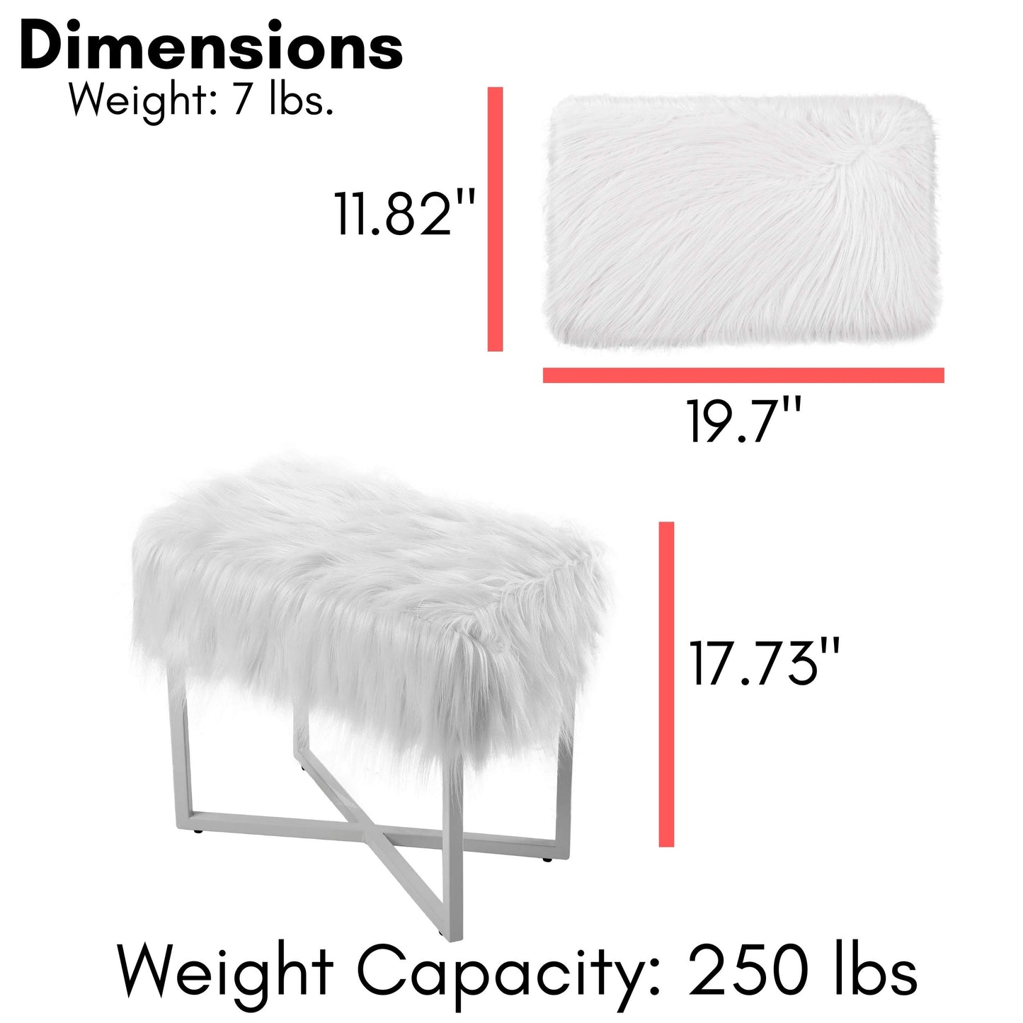BIRDROCK HOME Rectangular Faux Fur Vanity Foot Stool Ottoman with Metal Legs - Small Soft Padded and Fluffy Makeup Seat or Foot Rest for Bedroom, Desk, or Dressing Table (White and Gray)