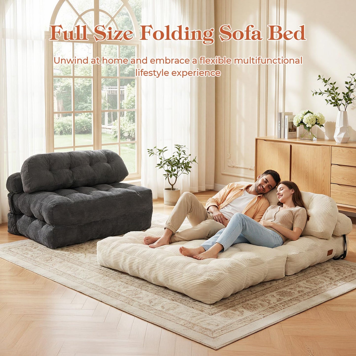 Vellorise Folding Sofa Bed, Convertible Sleeper Chair with Back Support and Pillow Futon, Boneless Matress, for Living Room/Guest Use/Home Office, Foldable Chair Bed for Adults, Beige, Full