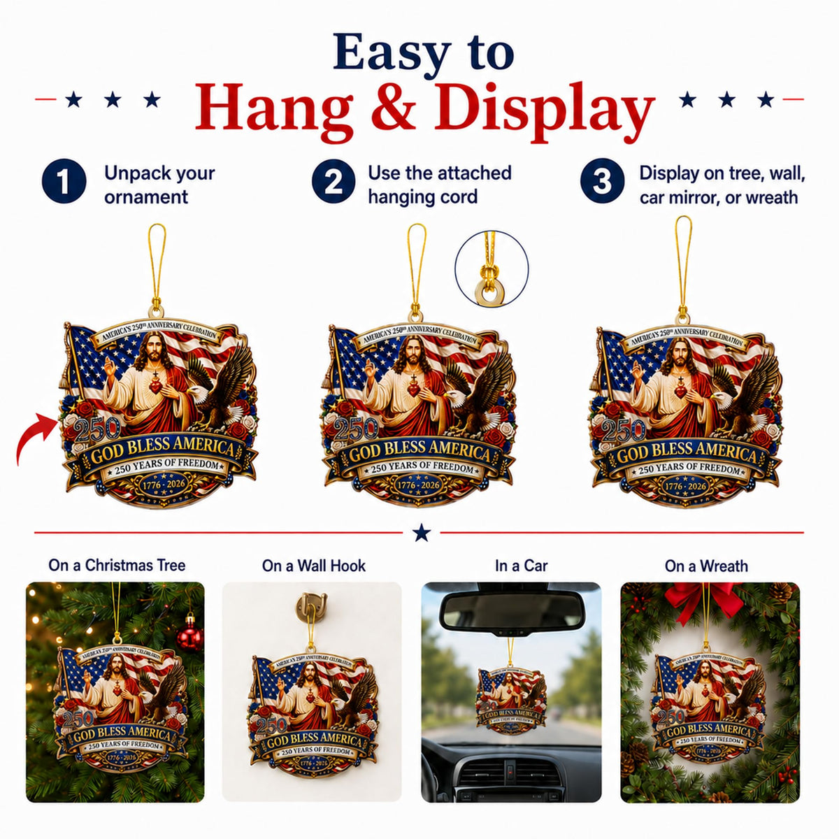 God Bless America Anniversary USA 250 Ornament, 2D Acrylic USA 250 Merchandise, Fourth of July Decorations, Patriotic Decor, USA 250th Anniversary 4th of July Gifts, USA 250th Birthday Gifts