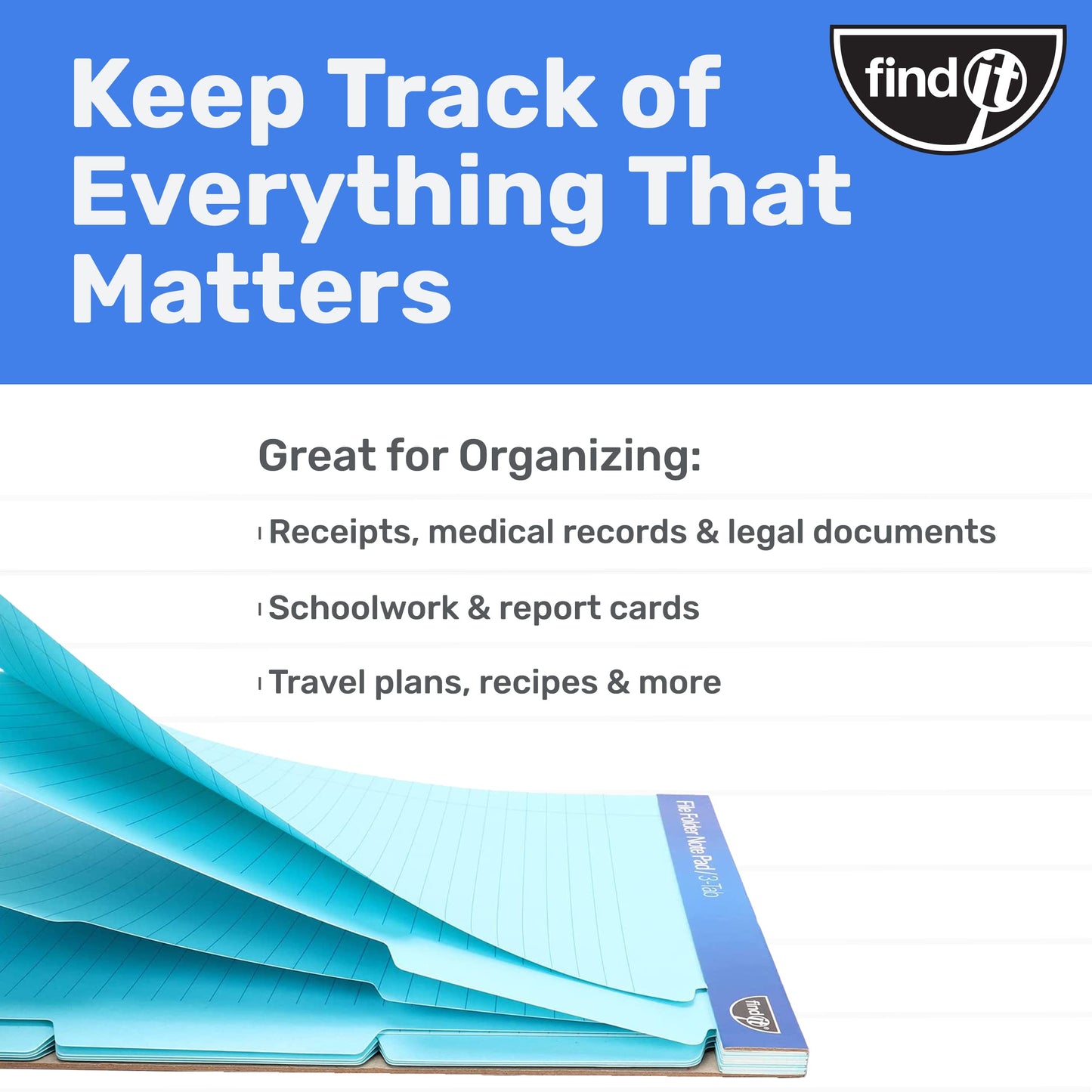 Find It File Folder Notepad - Pack of 12-9.5 x 12.5 Inch Notebook Organizer Folders for Filing, Document, and Clipboard Organization - Blue