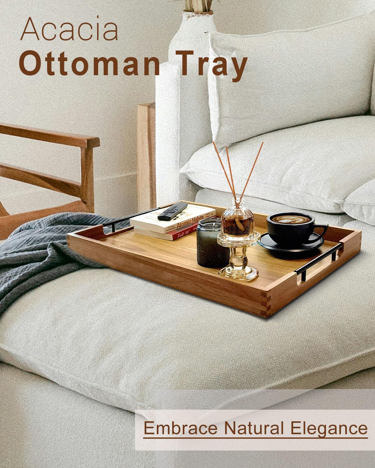 22 inches Acacia Wood Rectangular Ottoman Serving Tray with Metal Handles
