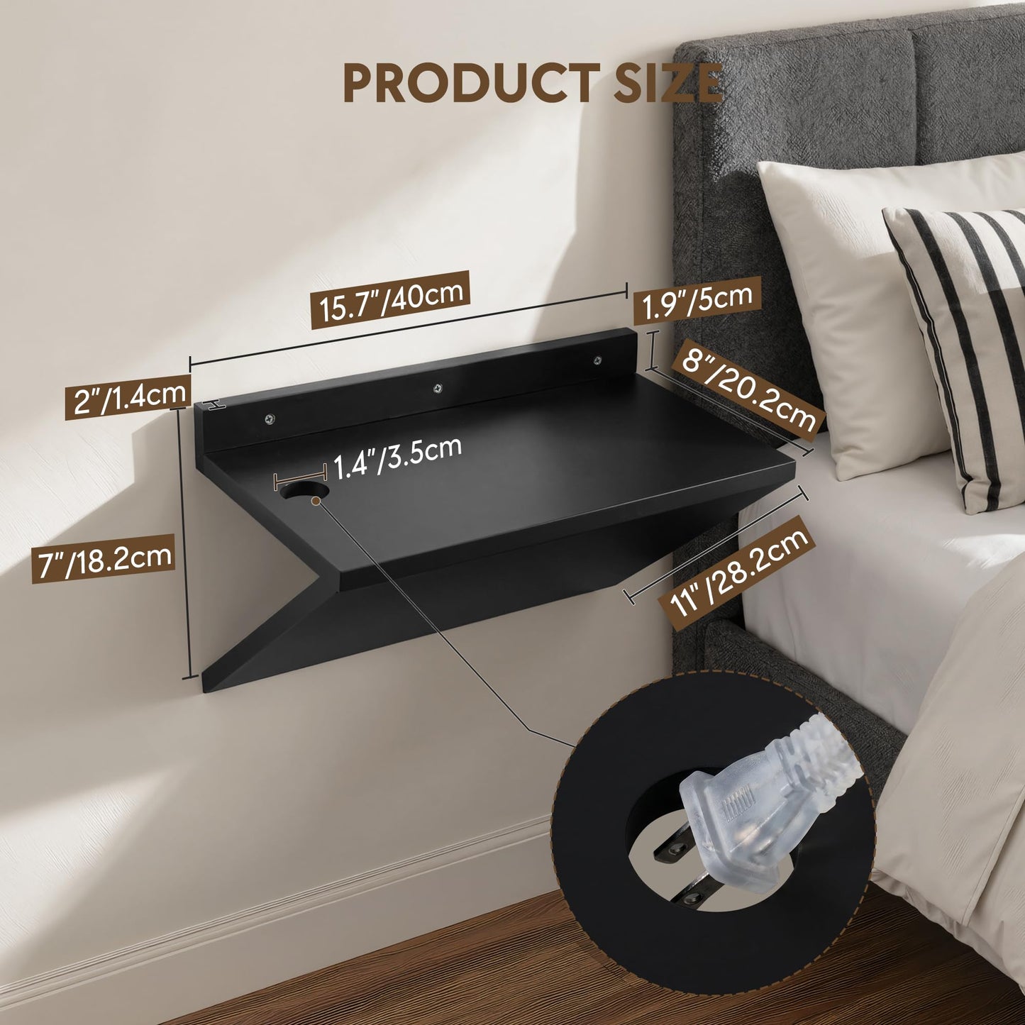 Petrala Floating Nightstand Set of 2, Black Wooden Bedside Table Wall Mount Nightstands Modern Side Table Wall Shelf Narrow Floater Night Stand Hanging End Table Z-Shape with Cable Hole for Bedroom