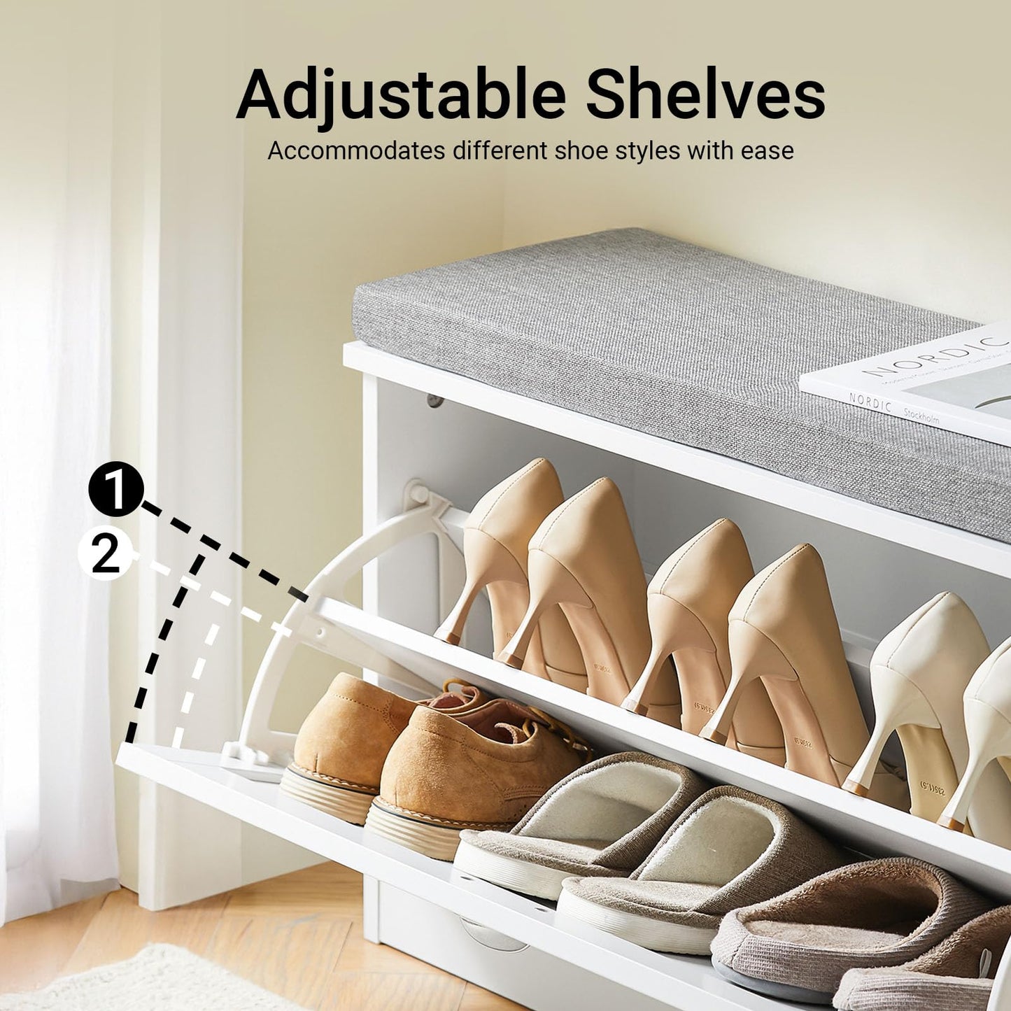 Haotian Small Shoe Cabinet Bench, Modern Shoe Storage Solution with Padded Cushion, 1 Flip Drawer for Narrow Entryway, White FSR195-W