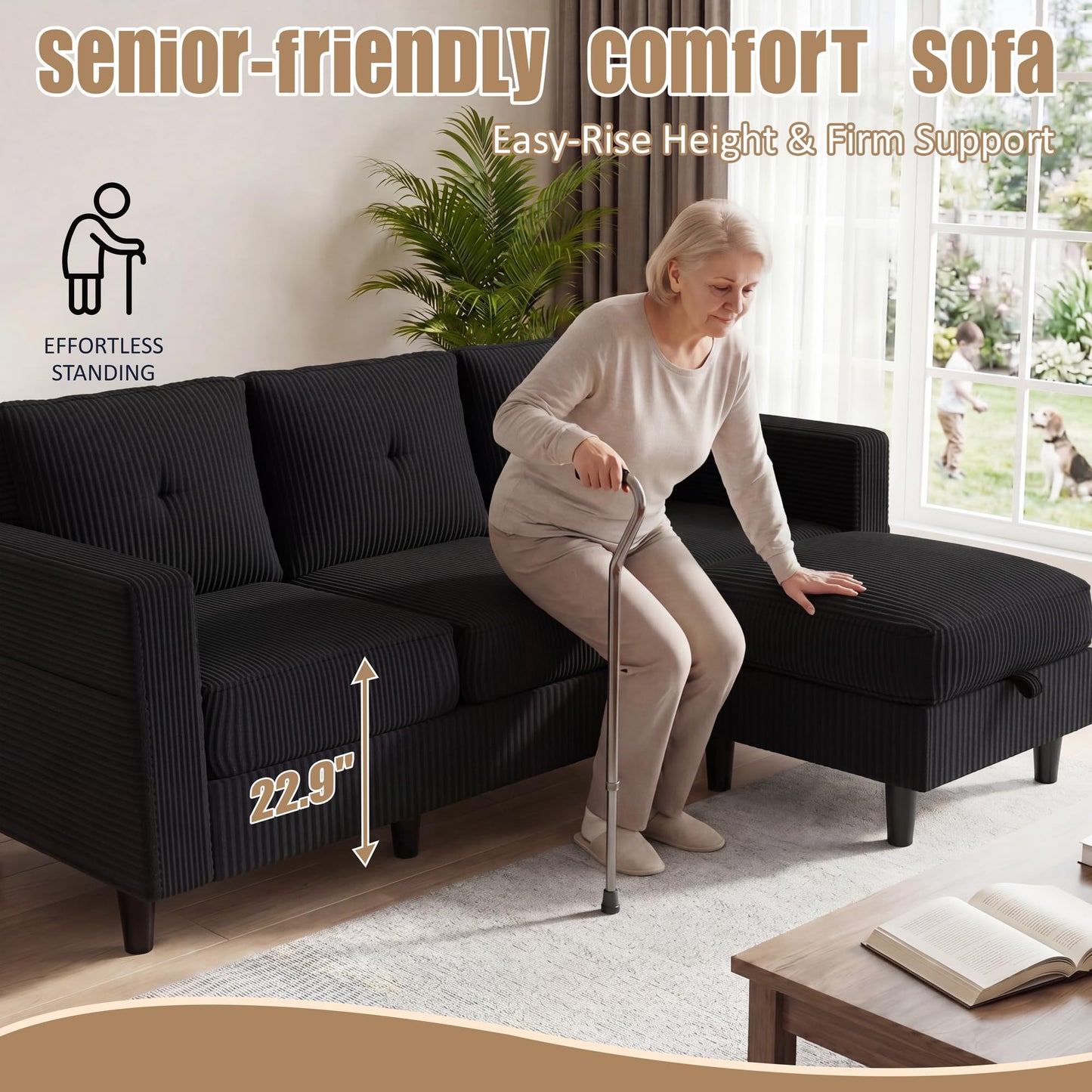 Convertible Sectional Sofa with Storage Ottoman, 77” L-Shaped 3-Seat Couch with Skin-Friendly Corduroy Fabric, Reversible Small Sectional for Small Space, Apartment, Living Room and Office(Black)