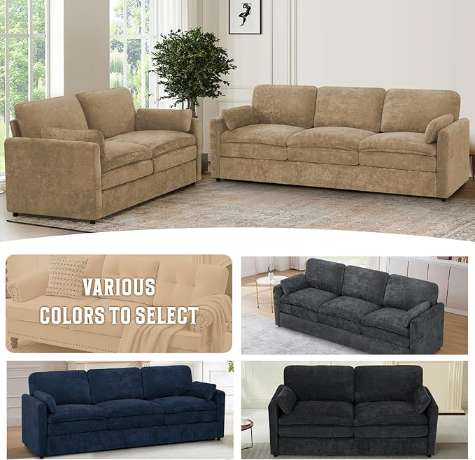 Comfy Chenille Sofa Set with Well-Filled Pillows, Modern 3 Seater and Loveseat
