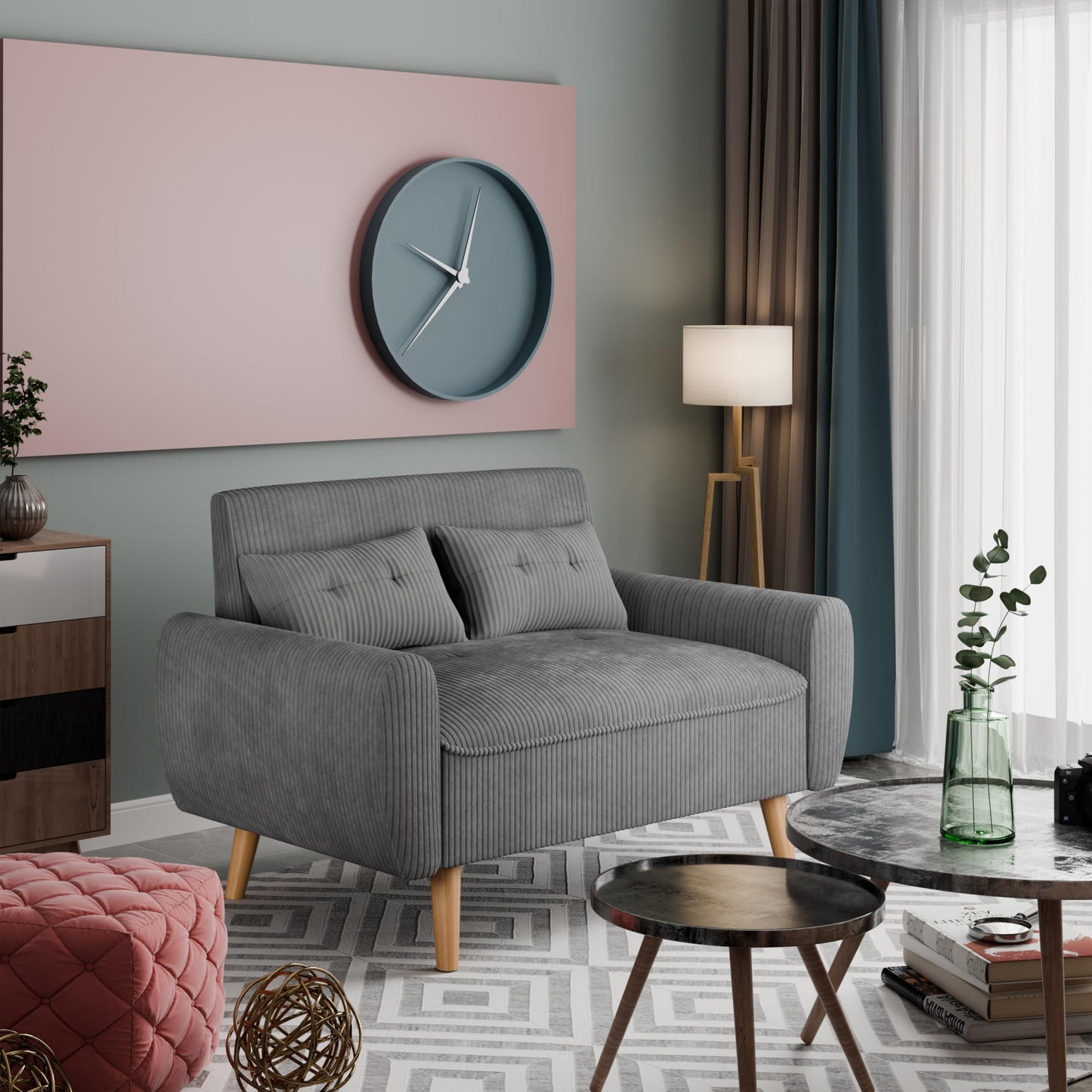 Vongrasig 48" Small Modern Loveseat Sofa, Mid Century Soft Corduroy Fabric 2-Seat Sofa Couch Tufted Love Seat with Back Cushions and Tapered Legs for Living Room, Bedroom and Small Space (Dark Gray)