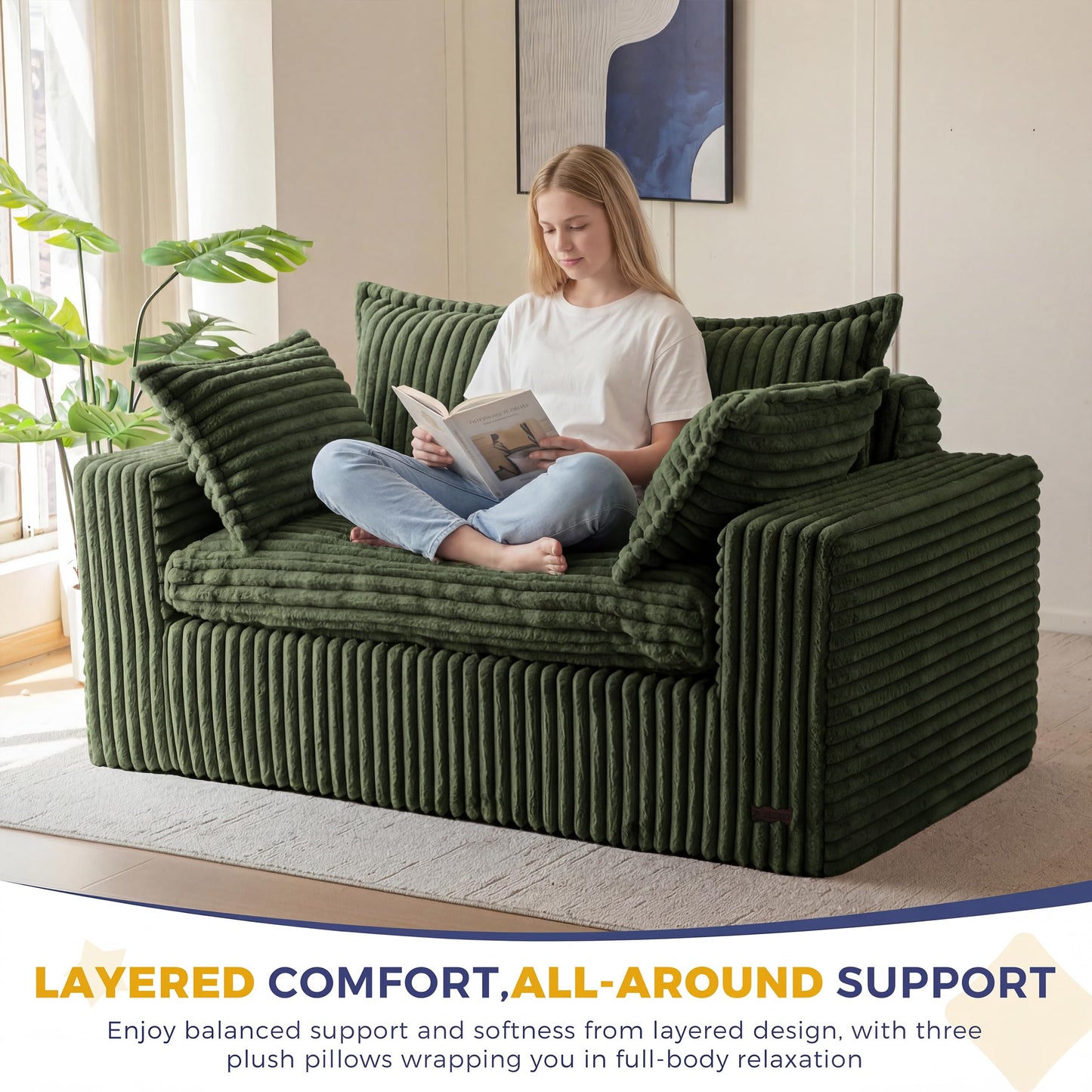 MAXYOYO 59" Bean Bag Sofa Couch, Loveseat Boneless Couch in a Box, Upholstered Small Mini Sofa with Deep Seating for Living Room Bedroom Office Apartment, No Assembly, Dark Green