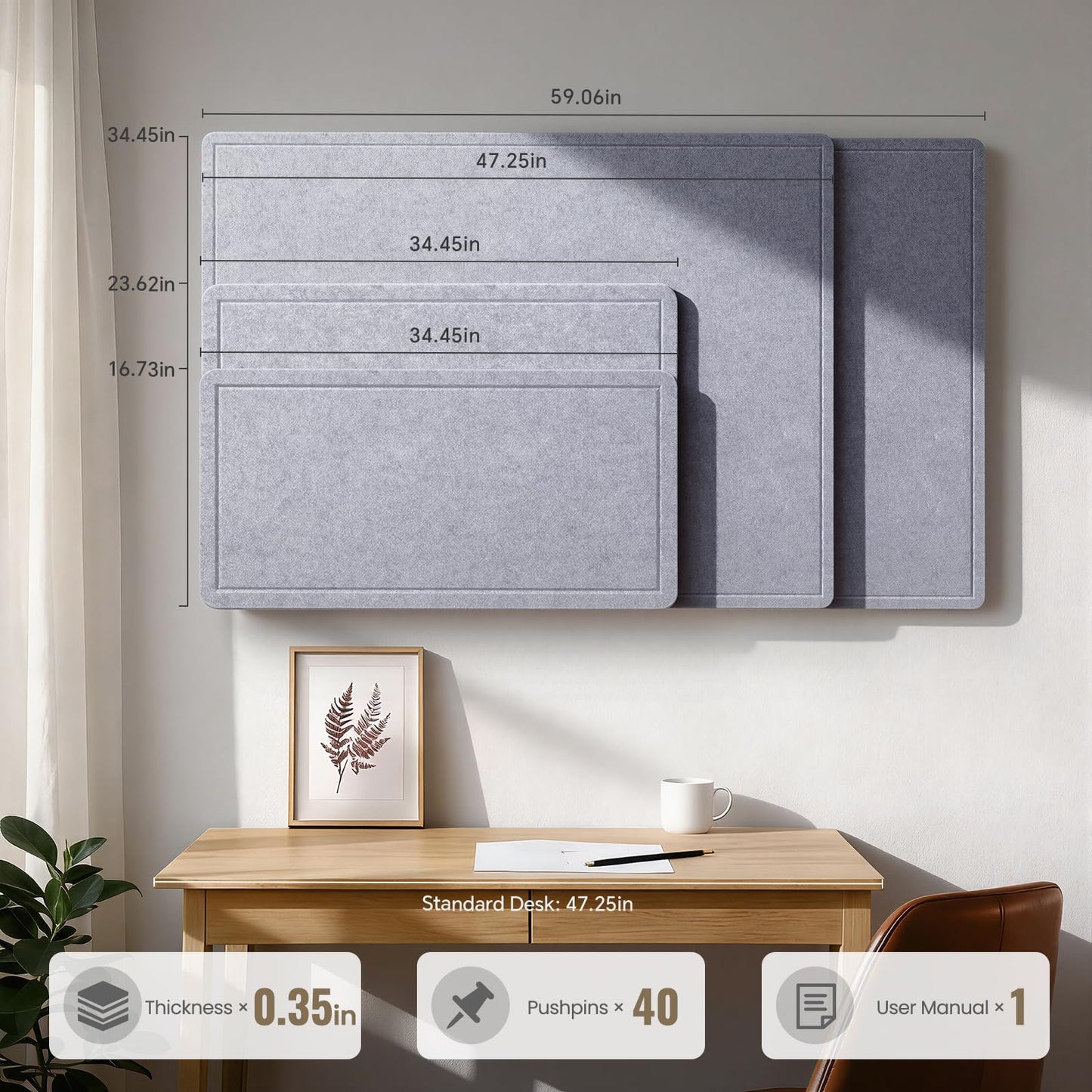 Large Bulletin Board, 60 X 35 Inches Felt Cork Board with 40 Pushpins, Foldable Felt Notice Pin Board Photo Display Board with Self-Adhesive Tape for Office Home School (Light Gray, 60x35 inch)