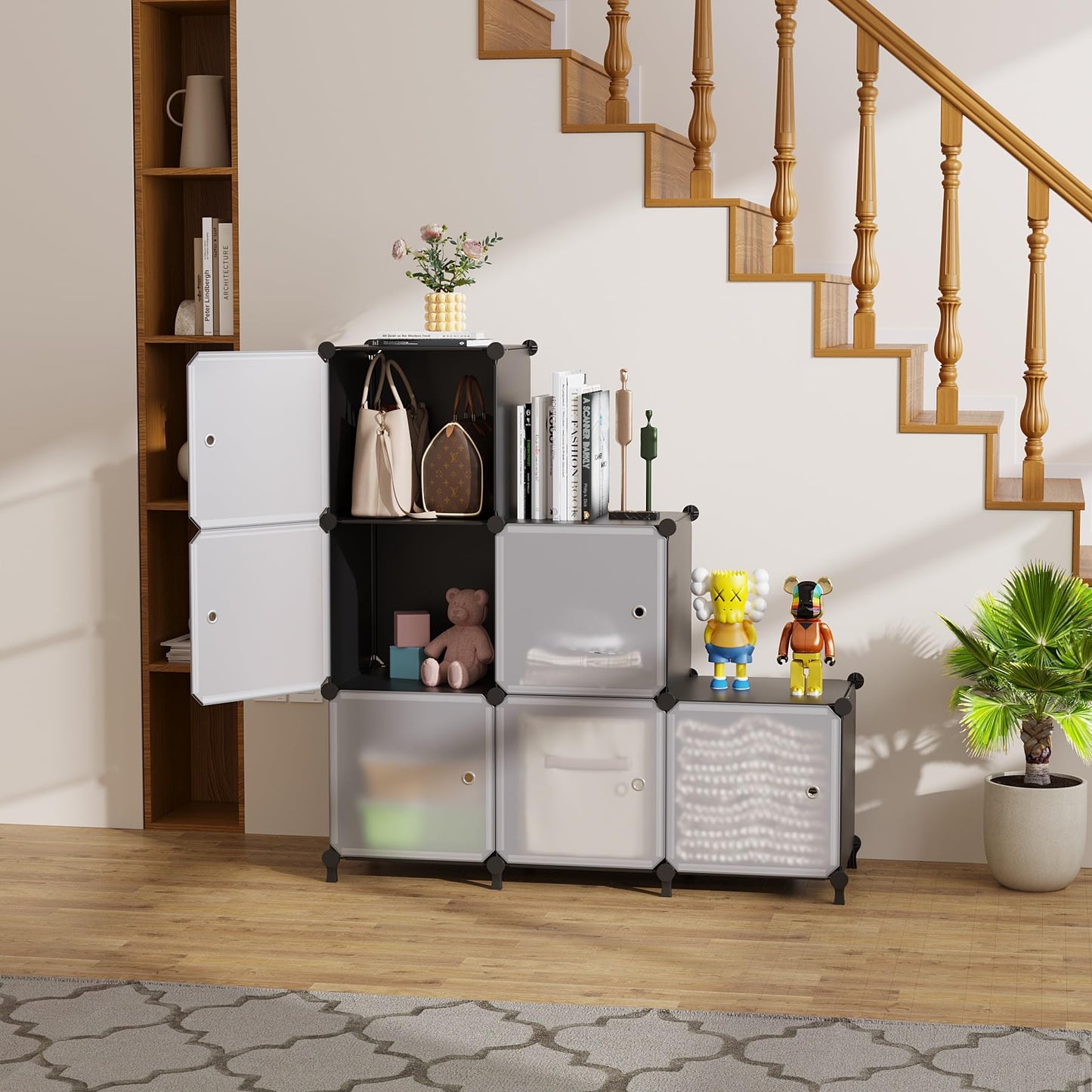 ATTDETJL Cube Storage Organizer, 6 Cube Shelves Unit with Doors,DIY Stackable Plastic Clothes Organizer for Bedroom and Under Stairs Storage Unit, 30 x 30 x 30 x 30 cm Grey ATTSL6004 (6, Black)