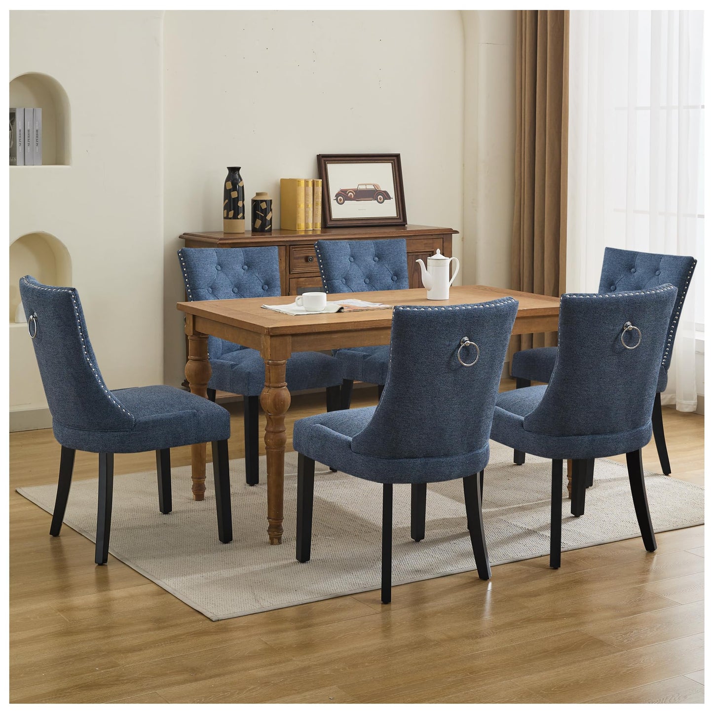 UDAX Upholstered Tufted Dining Chairs Set of 4, Fabric Side Dining Room Chairs with Nailhead Back Ring Pull Trim Solid Wood Legs, Dark Blue