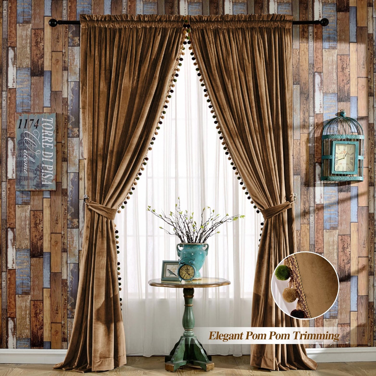 Melodieux Pom Poms Velvet Blackout Curtains for Bedroom Living Room, Vintage Luxury Thermal Insulated Rod Pocket Lined Drapes, 52" W x 84" L, Golden Brown (2 Panels)