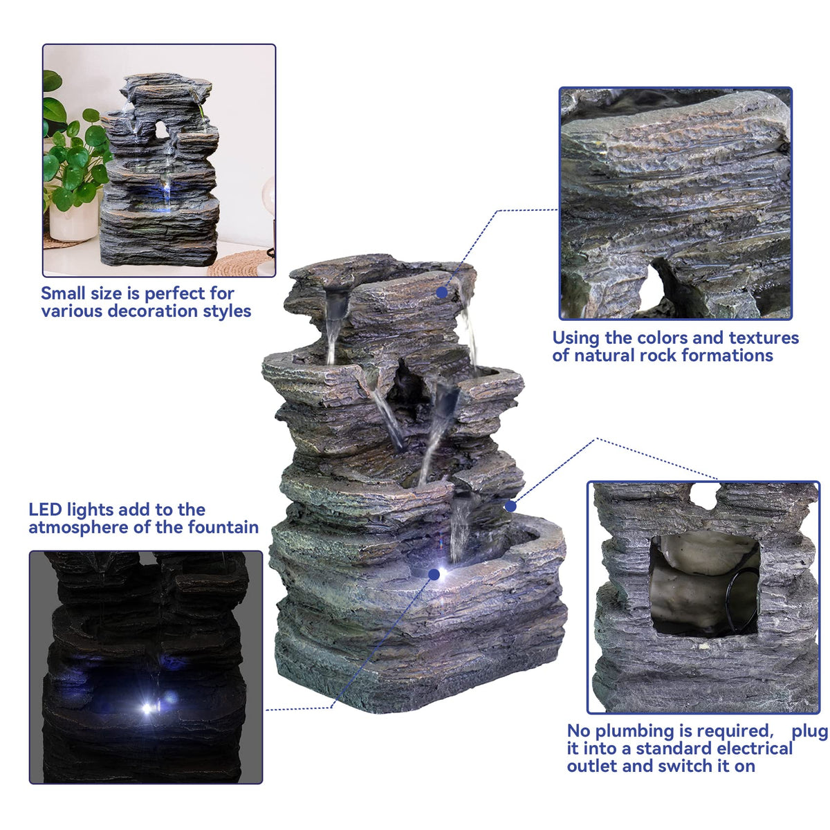 Ferrisland 5-Tier Cascading Tabletop Fountain with LED Lights - Indoor Water Fountain Decor Tabletop Small Relaxation Waterfall Feature Dark Gray