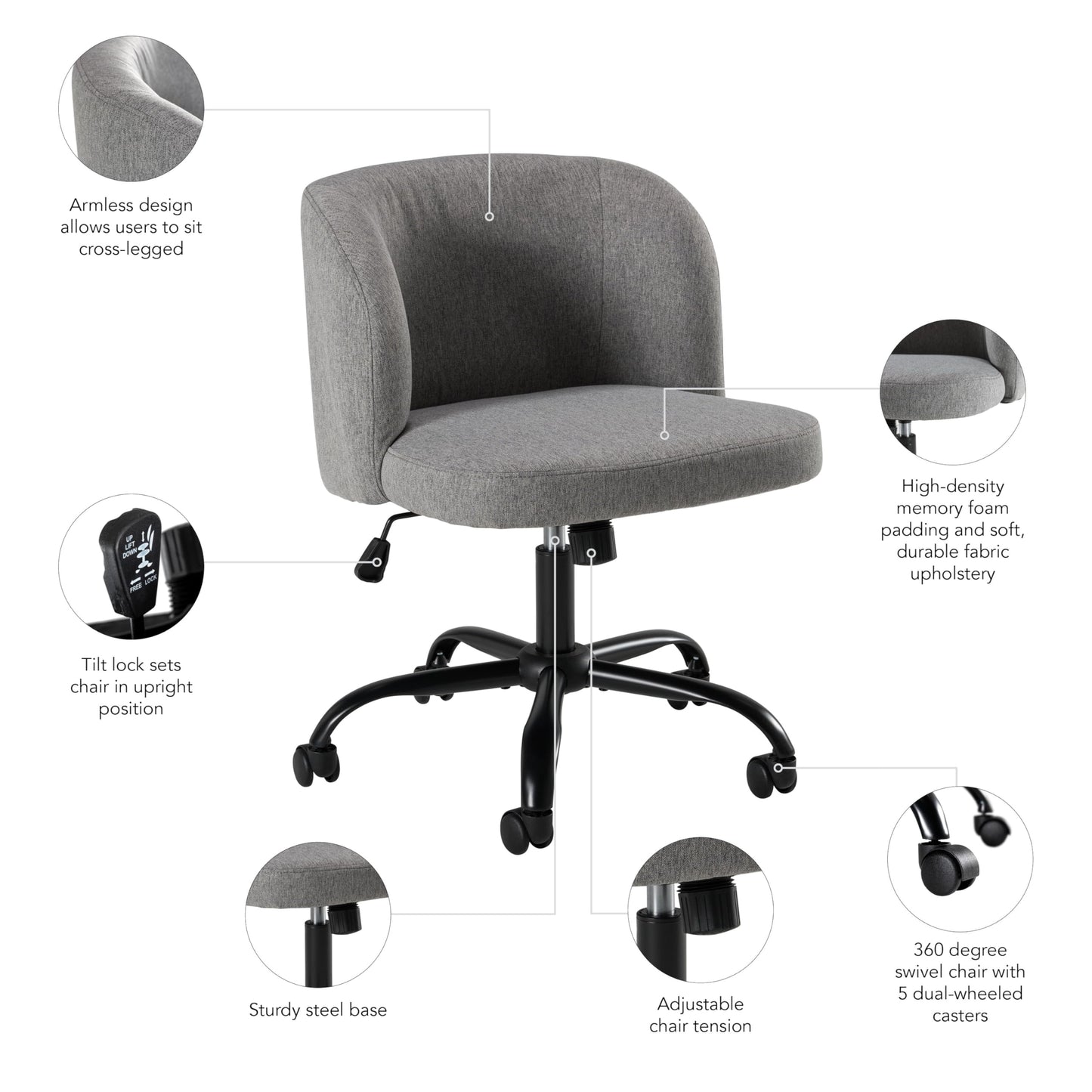 Bush Home Armless Desk Chair for Home Office, Adjustable Seating with Wheels and Swivel Base, Pembroke Collection, Warm Gray Fabric Upholstery