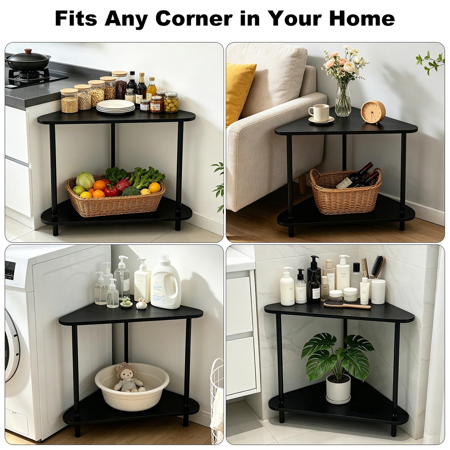 TECHYAP Black Triangle Side Table, 22" Small Corner End Table Triangle Night Stand 2-Tier with Storage Shelf, Coffee Corner Tables for Living Room Bedroom Nightstand ModernMinimalist Bedside Table