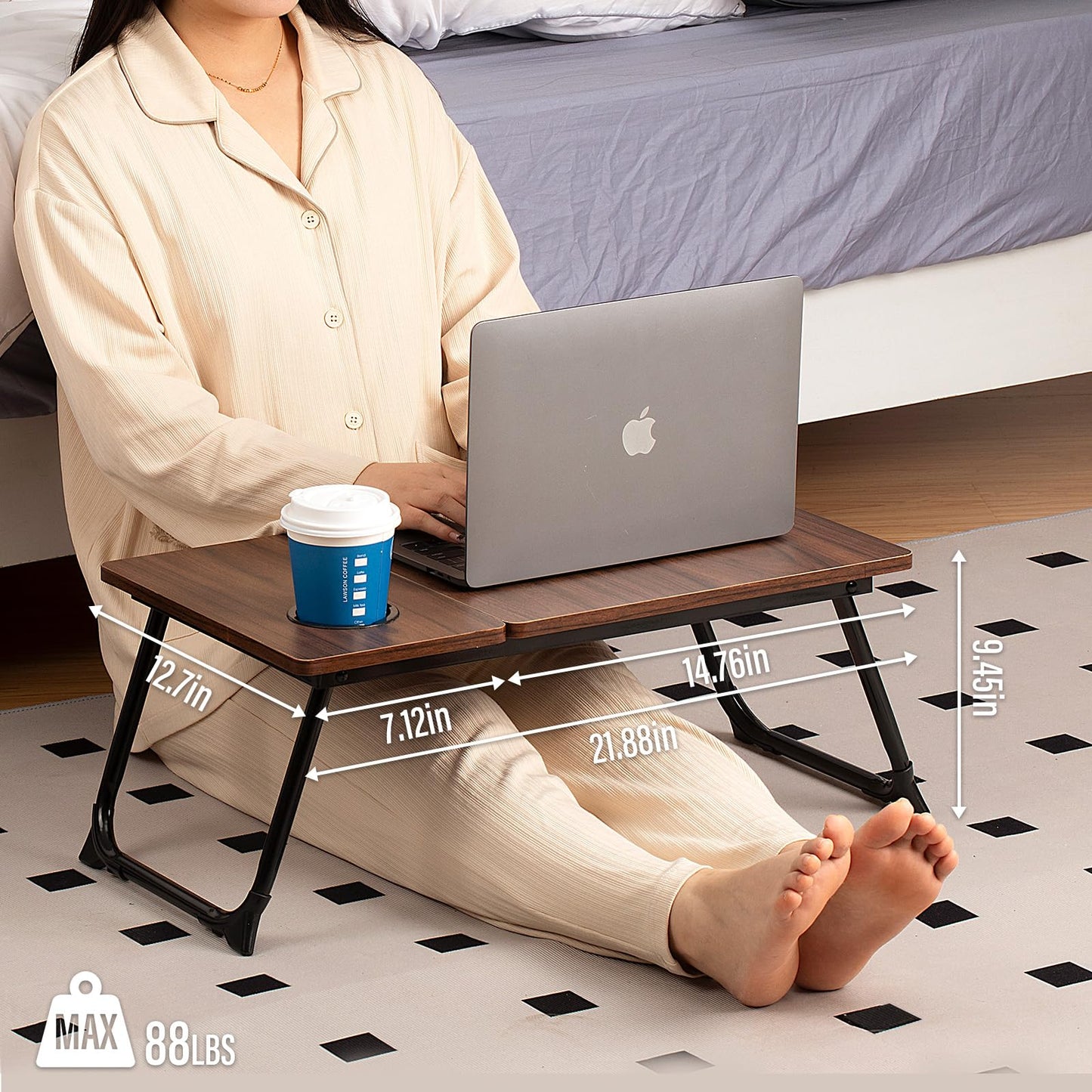 Laptop Desk for Bed Couch, Adjustable Foldable Bed Table with Cup Holder, Breakfast Serving Tray, Portable Laptop Lap Desk Stand for Working Reading Writing Eating Gaming in Bed Sofa Floor(DarkWalnut)