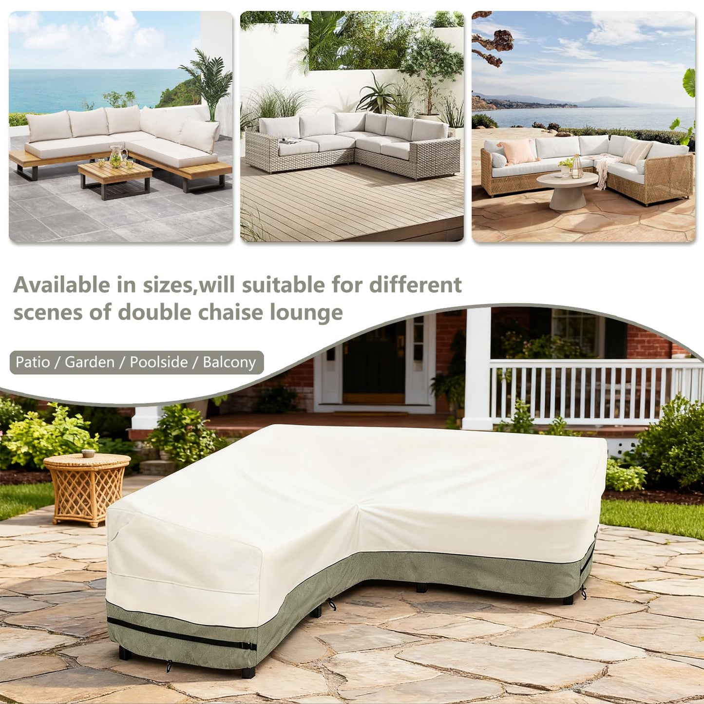 okcool Outdoor Sectional Cover,V Shaped Patio Furniture Covers for 5-Seater Outdoor Sectional Furniture Couch 85"(85''L) x 33.5''D x 31''H,White&Grayish Green