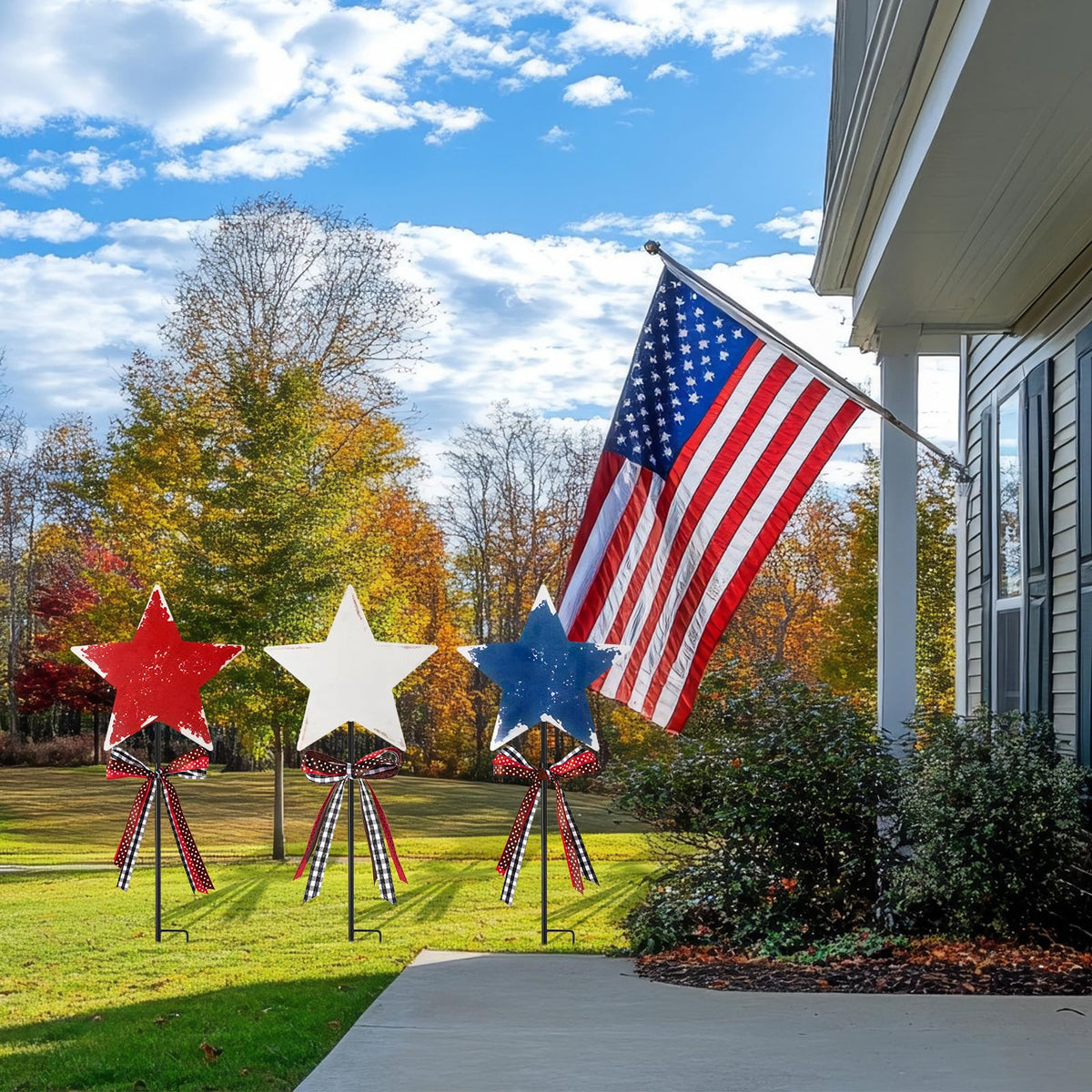 Amyhill 4th of July Outdoor Decor Patriotic Star Metal Garden Stakes Welcome Yard Signs Retro Red White Blue American Star Garden Stakes for 250th Anniversary Patio Lawn Walkway Outside Decorations