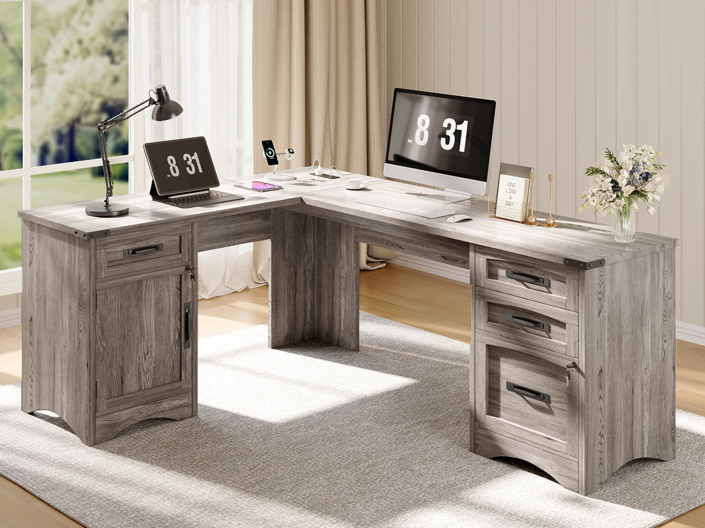 OneBlis Farmhouse 67" L Shaped Executive Desk with Drawers, Wood Home Office Corner Desk with Power Outlets, Lockable File Cabinet, Rustic Computer Writing Desk for Home Office, Grey