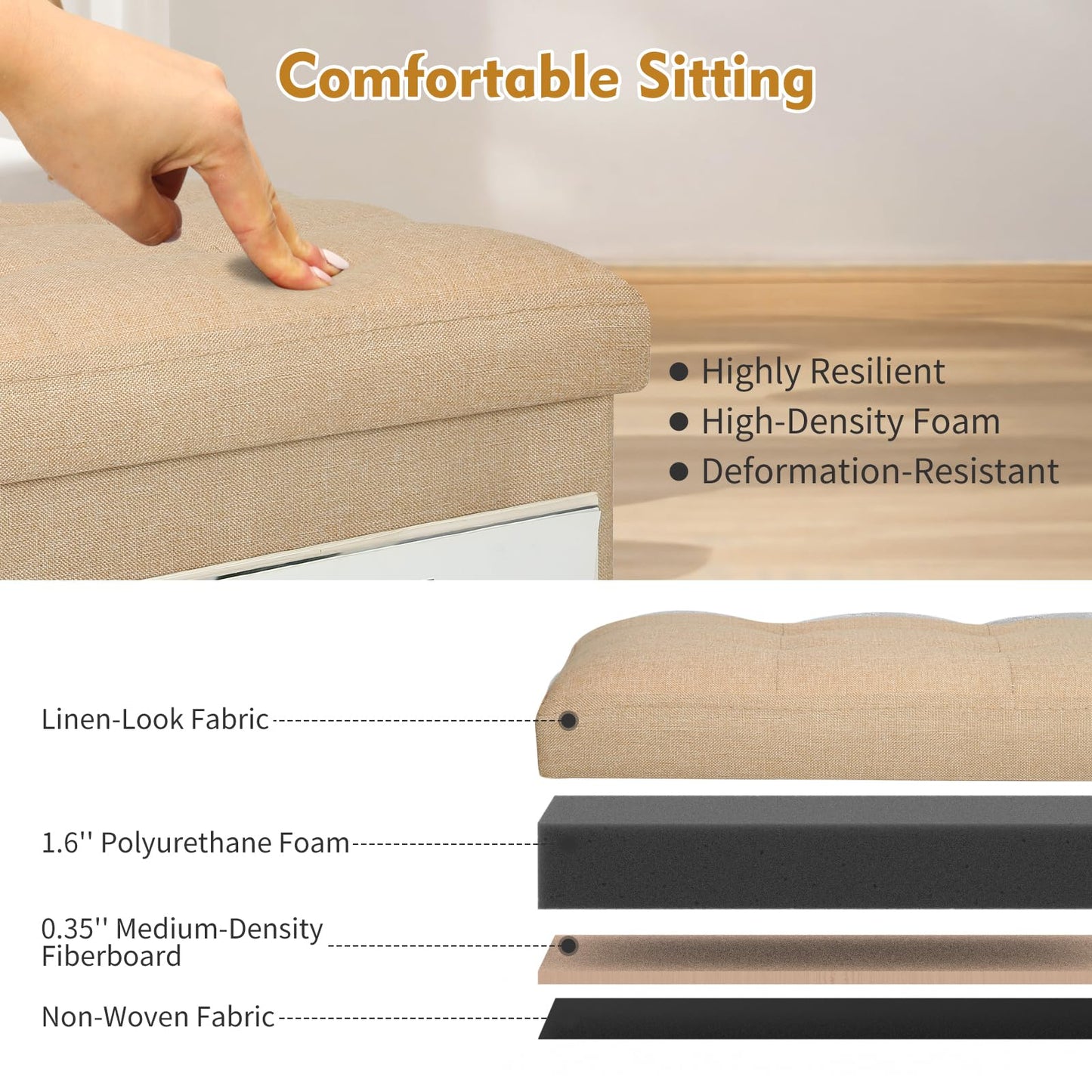 BelugaHelper Ottoman with Storage, Small Storage Ottoman Foot Rest with Thicker Foam Padded Seat. Foldable Linen Cloth Foot Stool for Living Room Bedroom, Holds Up to 300 lbs, 17x13x13IN(Beige)