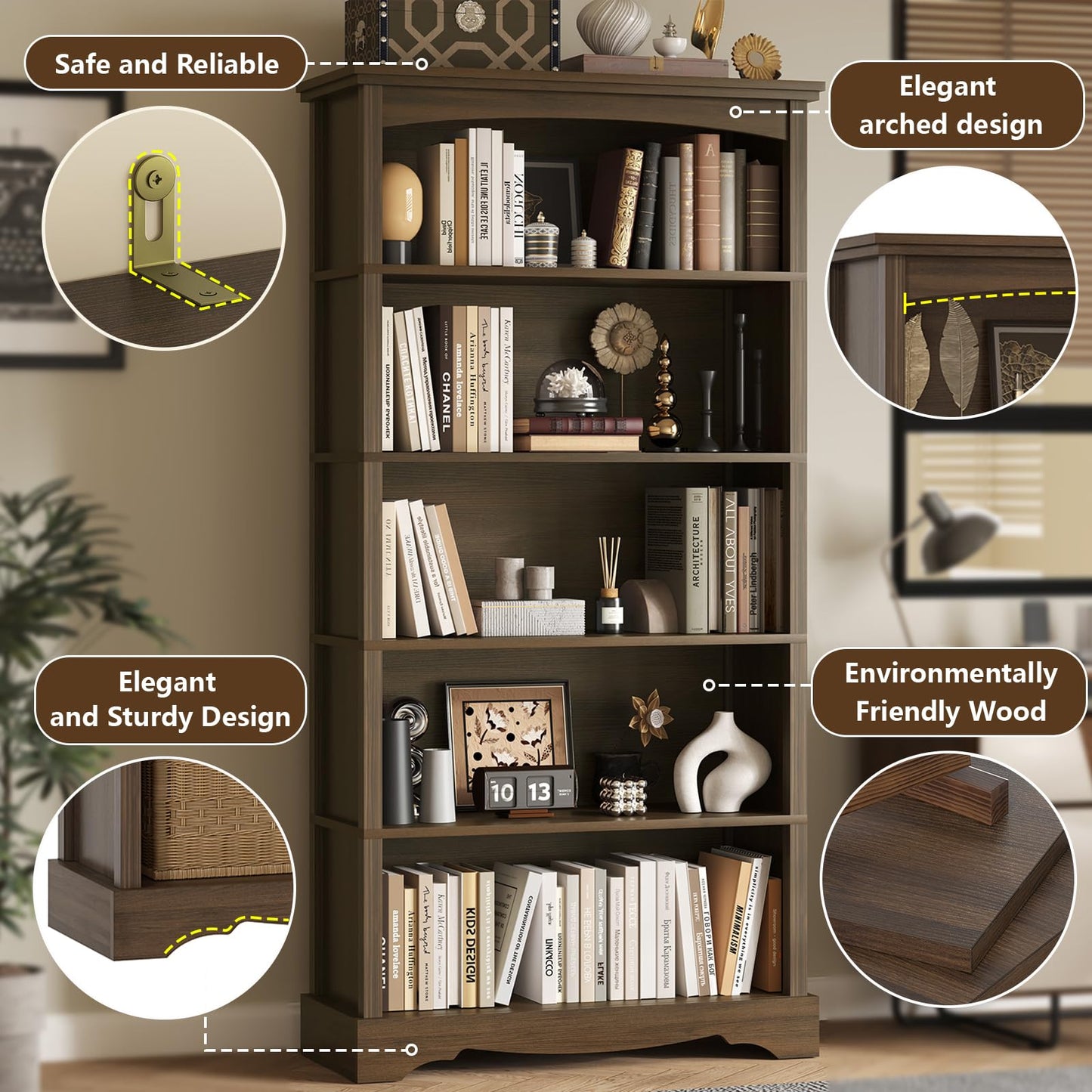 TVU 5-Tier Wooden Bookshelf, 31.5" W x 65" H ×9.9" D Bookshelf with Storage, Floor Standing Modern Style Display Bookcase for Living Room, Office, Study Room, Entryway, Brown