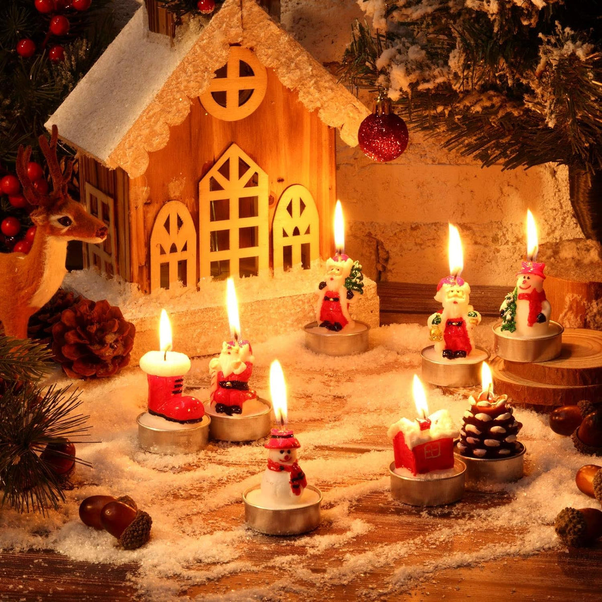 12 Pieces Tealight Candles Handmade Delicate Santa Hat Claus Christmas Tree Candle Wax Snowman Elk Pinecone House Candles for Party Wedding Spa HomeChristmas Decoration