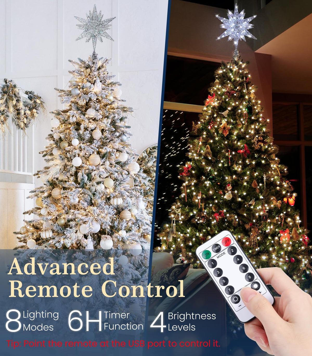 Luxspire Christmas Tree Topper, 3D Lighted Star Tree Topper with USB Plug-in & Remote Control, 9.6" Christmas Tree Star Lights for Home Holiday Decor, 6H Timer & 8 Lighting Modes, Silver