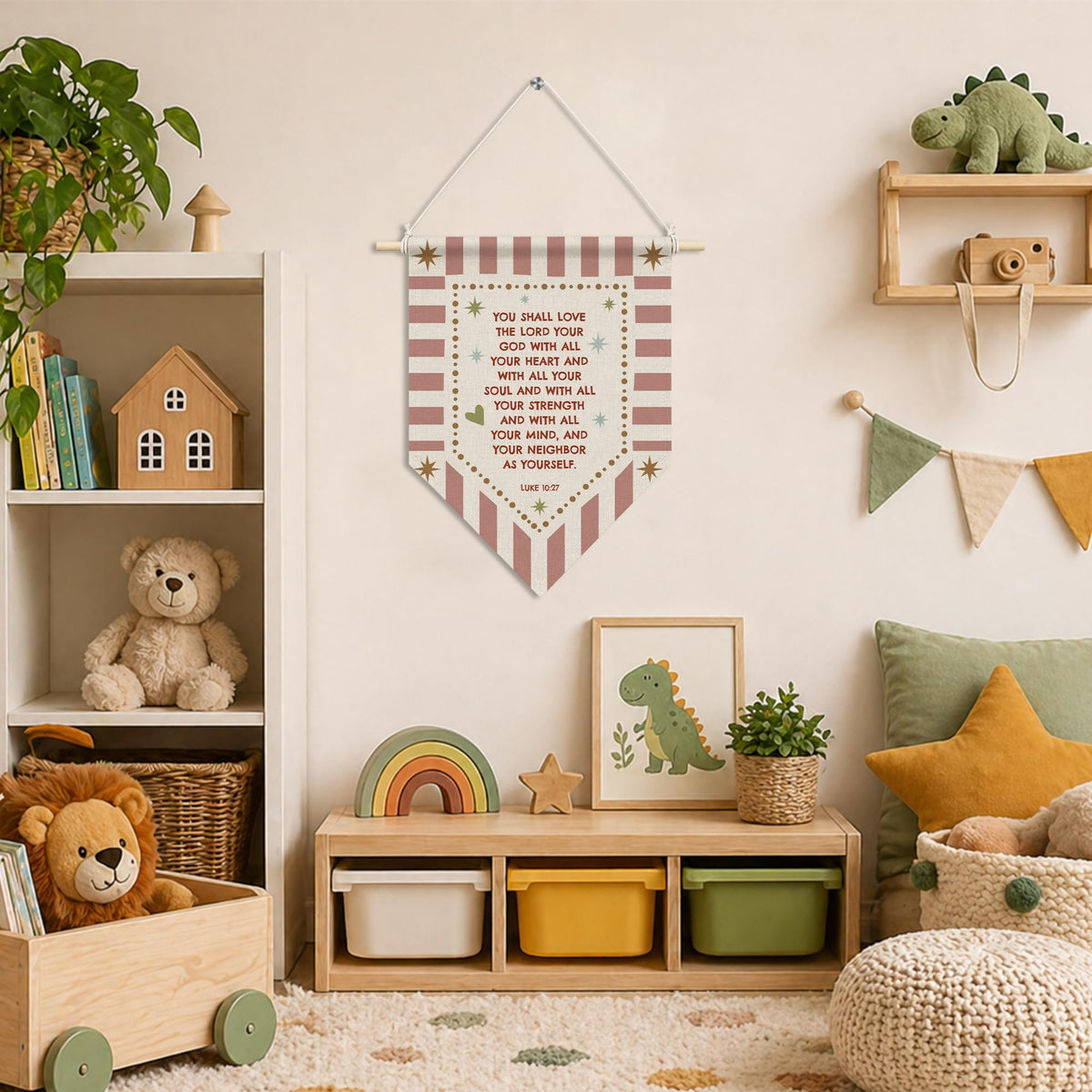 RUKUPA Christian Nursery Wall Art Decor, Bible Verse Hanging Pennant Flag, Religious Retro Pink Striped Wall Art Poster Hanger for Home Bedroom Kids Girl Nursery Room Decor, 11x15 Inch