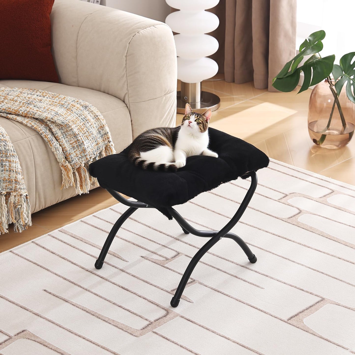 Welnow Folding Foot Stool, Upholstered Small Accent Ottoman with Detachable Thick Cotton Cushion Padded Sofa Stool and Metal Frame for Lazy Chair, Living Room, Bedroom, Plush Black