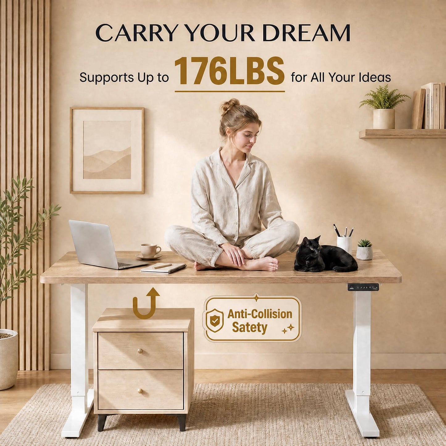 Grandder 55x32 Large Electric Standing Desk, Height Adjustable Computer Desk with 2 Memory Presets, 31.5" Deep Desktop Sit Stand Desk Home Office Desk Workstation Table with Hooks, Maple