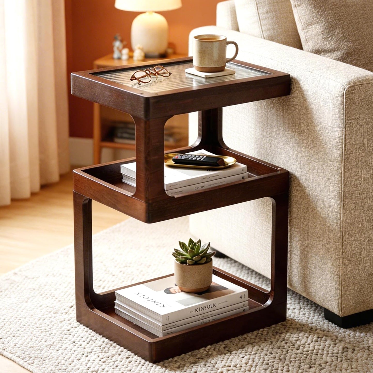 CheerNest Solid Wood End Table, 3-Tier Small Side Table with Fluted Acrylic Top, Rectangular Geometric Retro Accent Table with Open Storage for Small Spaces, Living Room, Bedroom, 100% Pine, Brown