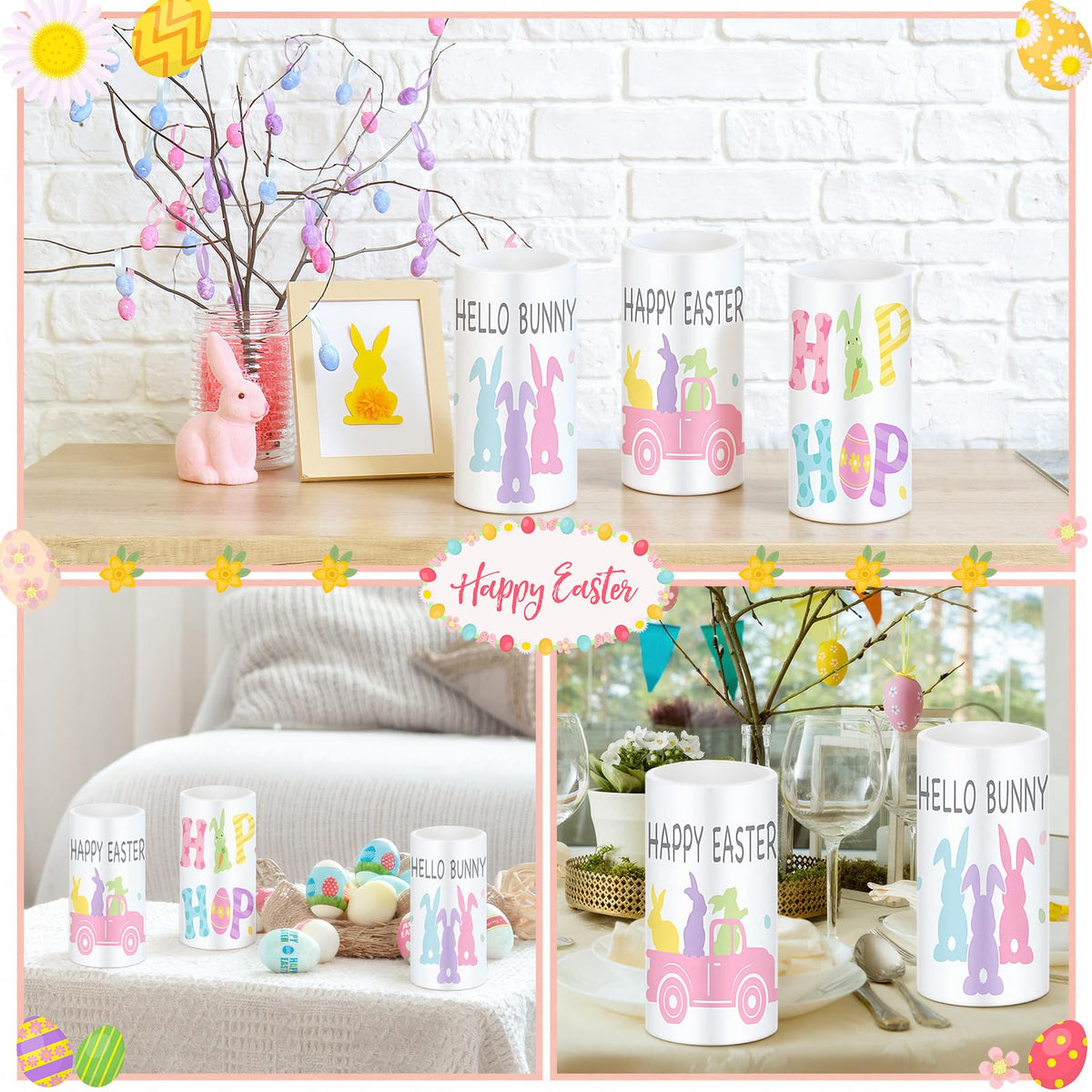 Retisee 3 Pcs Pastel Easter Flameless LED Candles Battery Operated Bunny Spring Flickering Pillar Candles with Remote Pastel Easter Decoration Centerpiece for Bedroom Living Room Dinner Table Decor